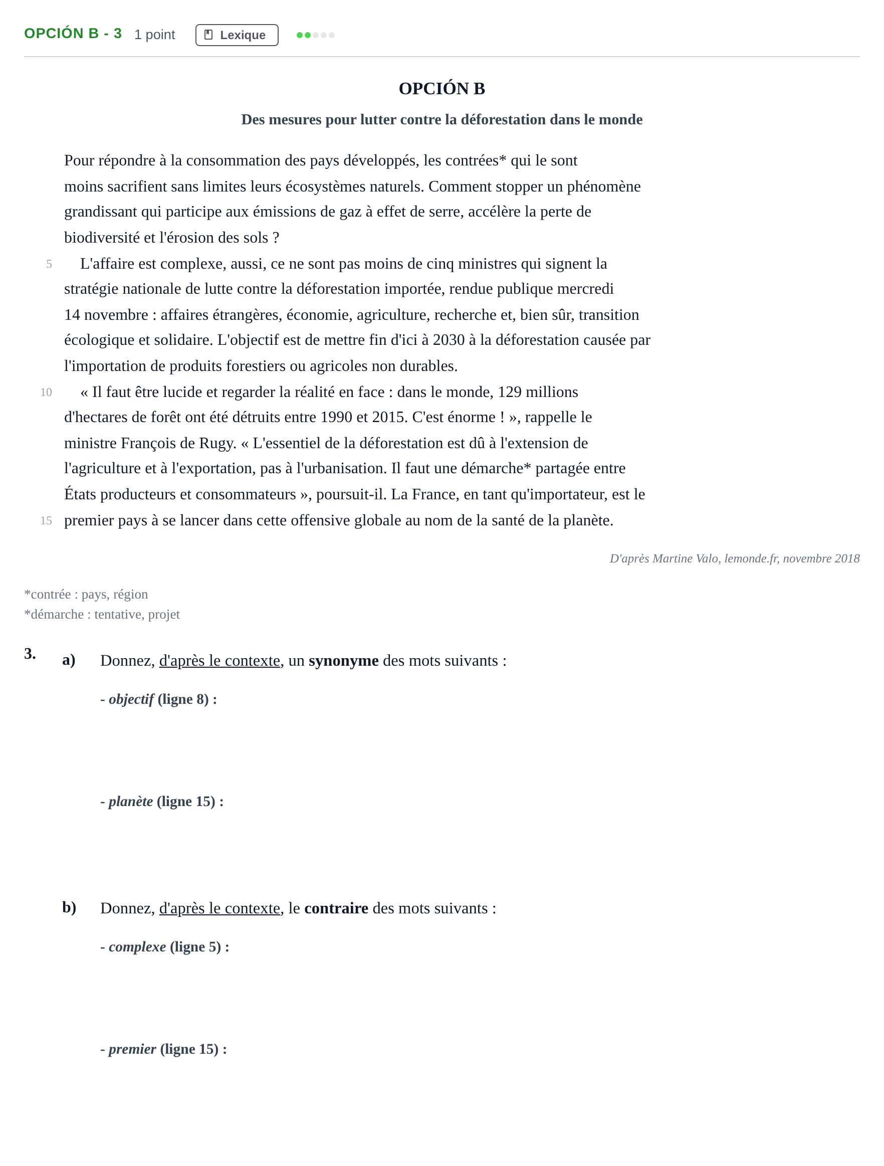 Enunciado: Opción B - 3 · Francés PAU Madrid Extraordinaria (2ª lengua) 2019