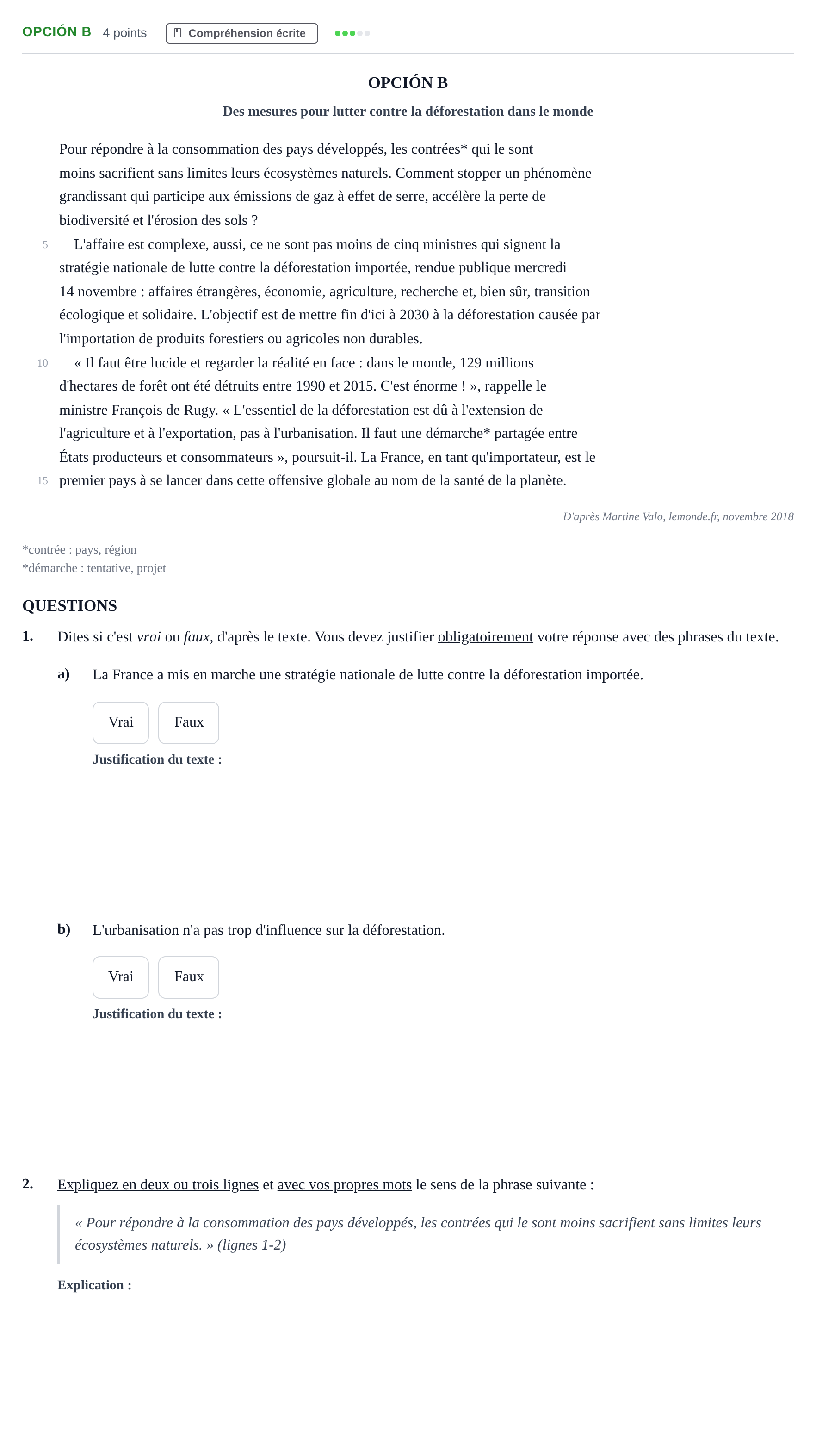Enunciado: Opción B · Francés PAU Madrid Extraordinaria (2ª lengua) 2019
