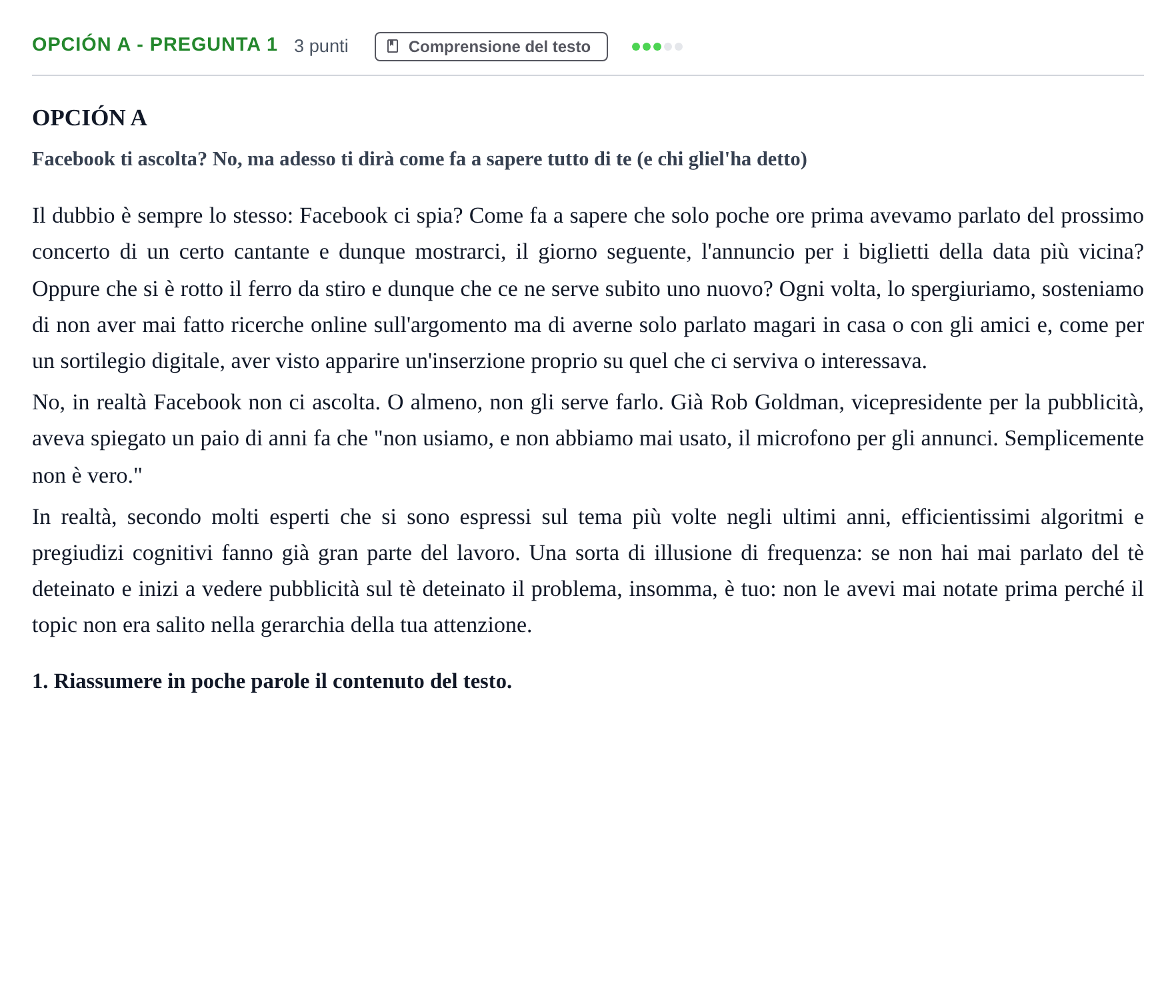 Enunciado: Opción A - Pregunta 1 · Italiano PAU Madrid Extraordinaria (2ª lengua) 2019