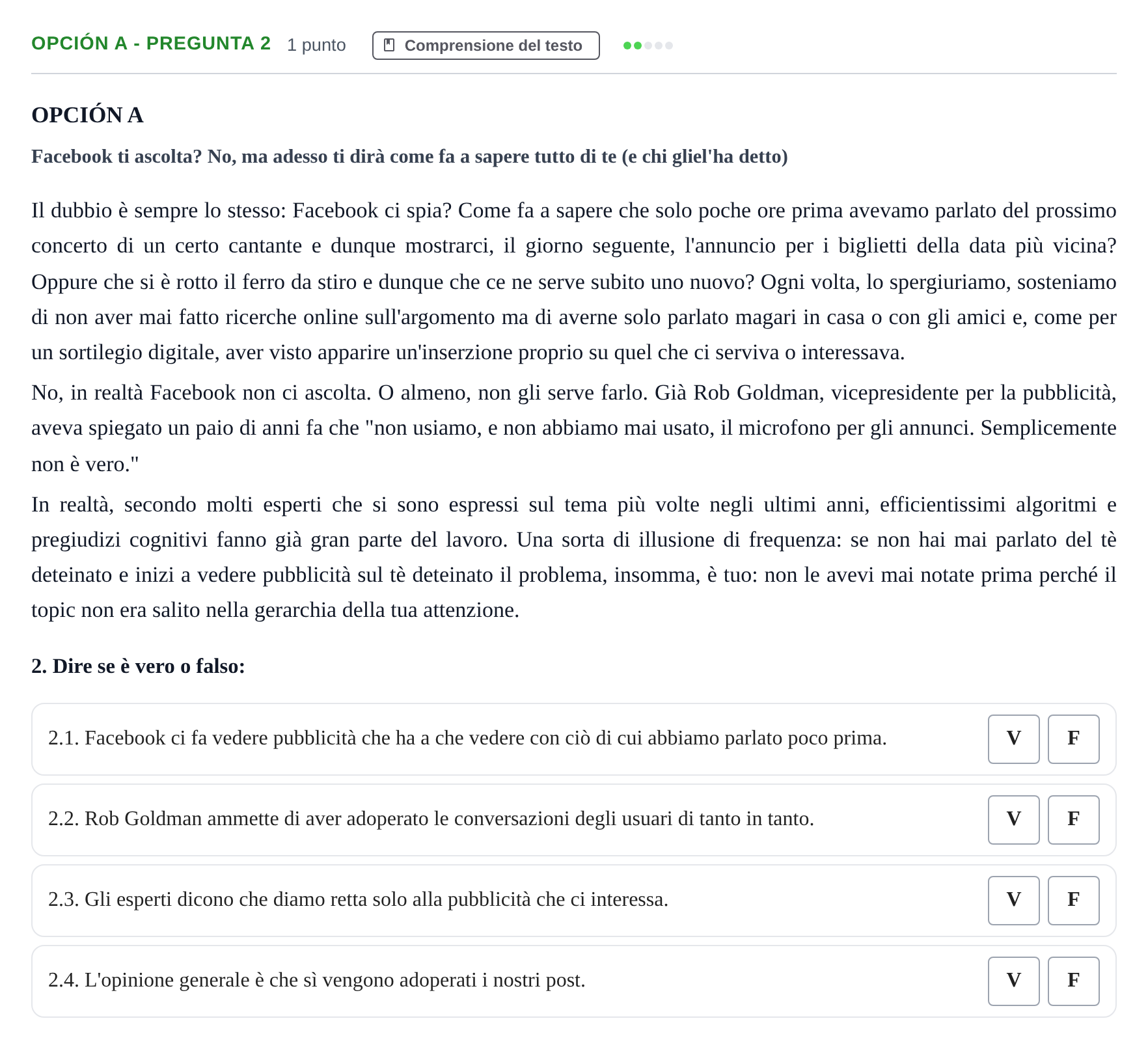 Enunciado: Opción A - Pregunta 2 · Italiano PAU Madrid Extraordinaria (2ª lengua) 2019