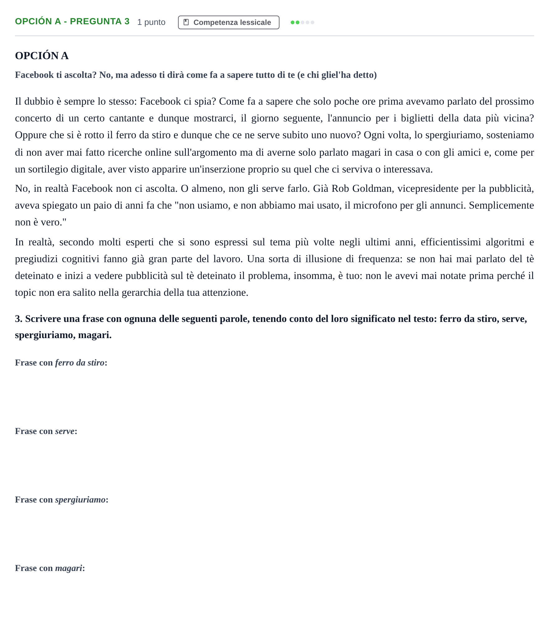 Enunciado: Opción A - Pregunta 3 · Italiano PAU Madrid Extraordinaria (2ª lengua) 2019