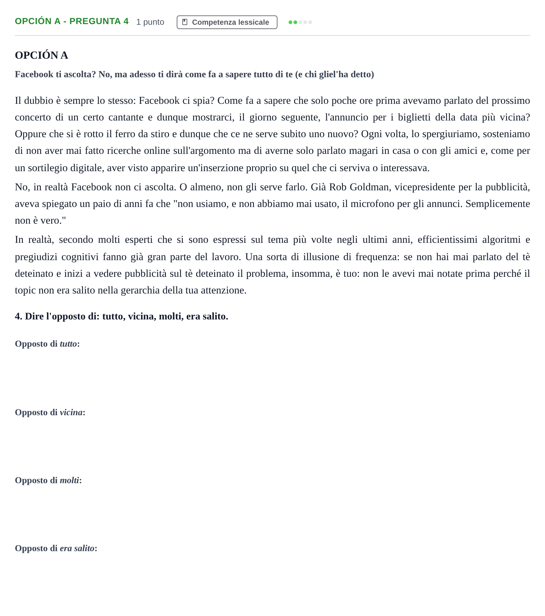 Enunciado: Opción A - Pregunta 4 · Italiano PAU Madrid Extraordinaria (2ª lengua) 2019