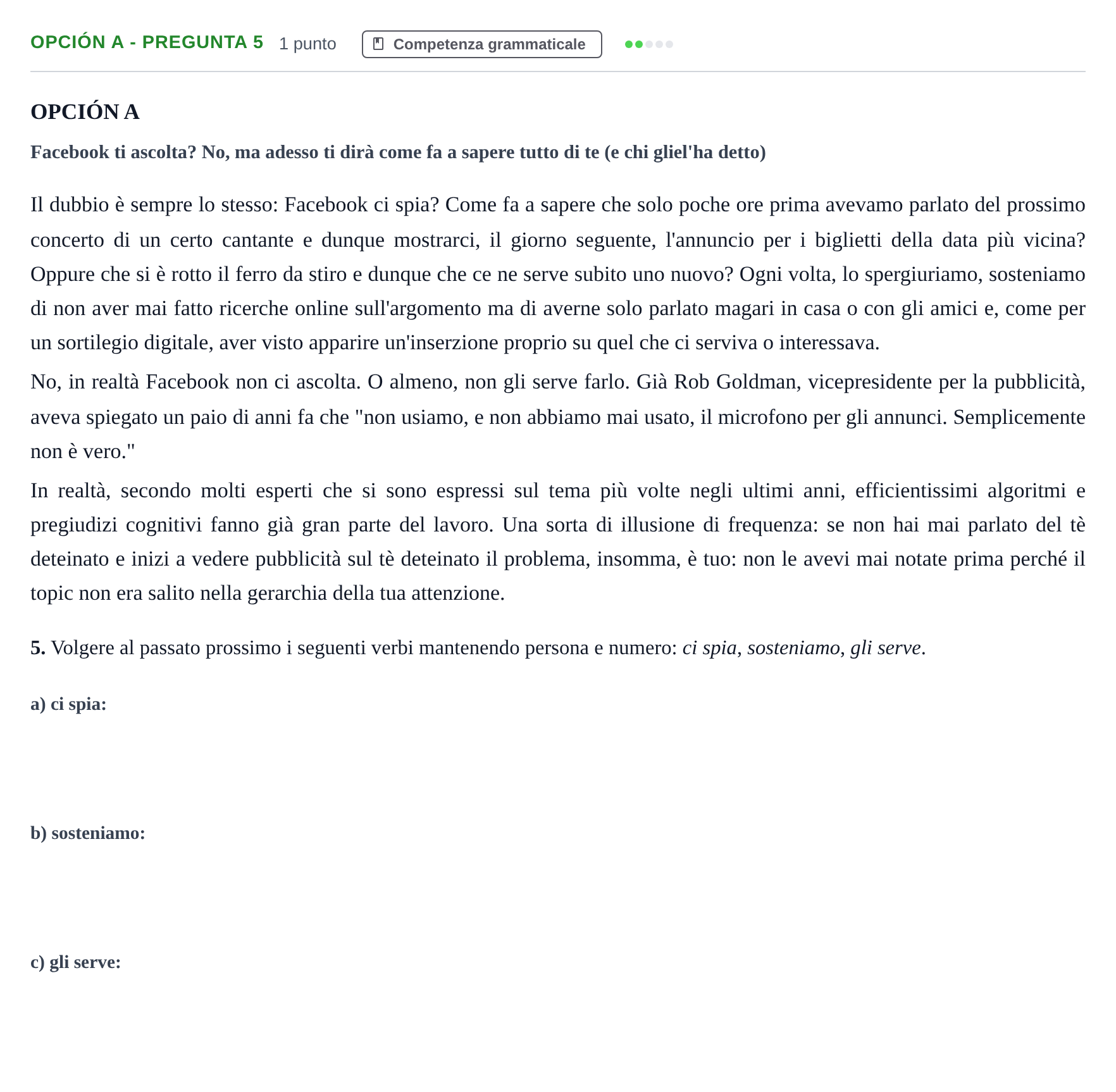 Enunciado: Opción A - Pregunta 5 · Italiano PAU Madrid Extraordinaria (2ª lengua) 2019