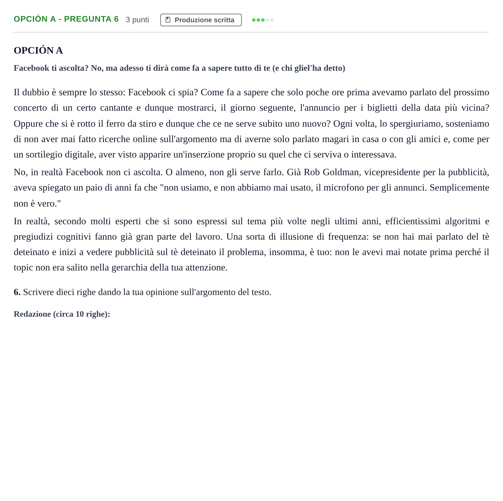 Enunciado: Opción A - Pregunta 6 · Italiano PAU Madrid Extraordinaria (2ª lengua) 2019