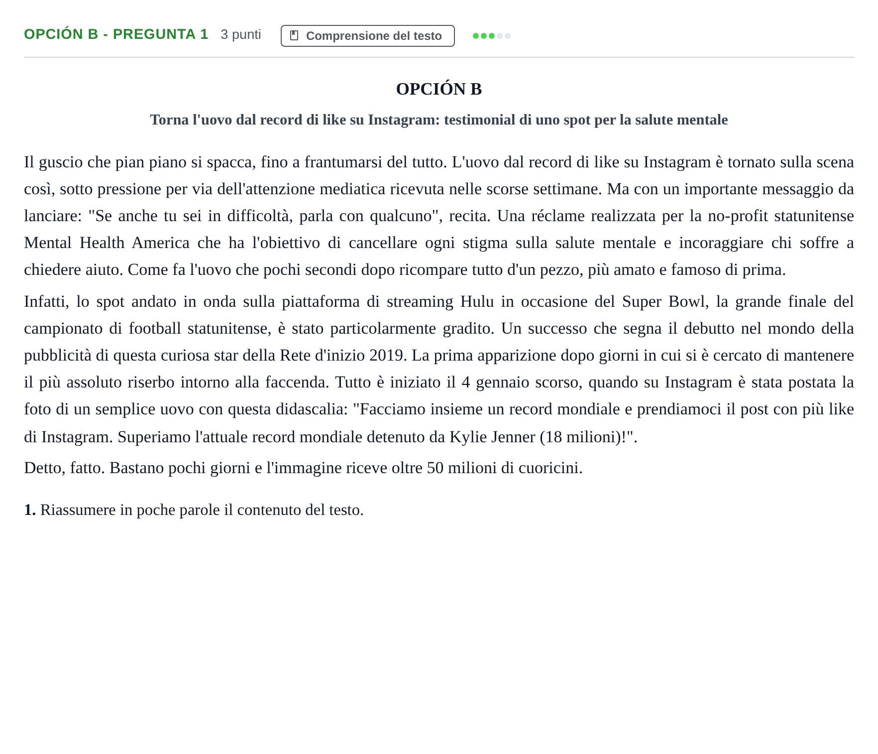 Enunciado: Opción B - Pregunta 1 · Italiano PAU Madrid Extraordinaria (2ª lengua) 2019