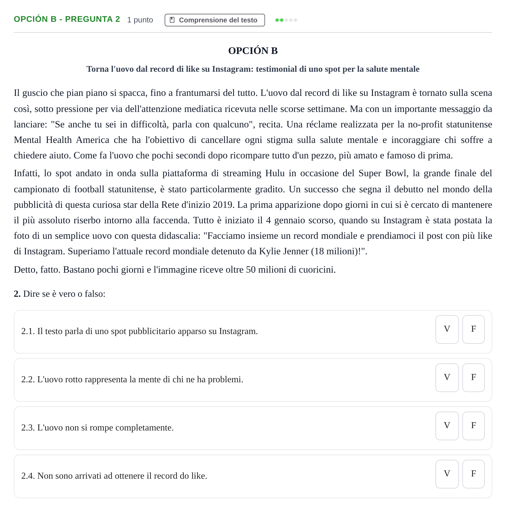 Enunciado: Opción B - Pregunta 2 · Italiano PAU Madrid Extraordinaria (2ª lengua) 2019