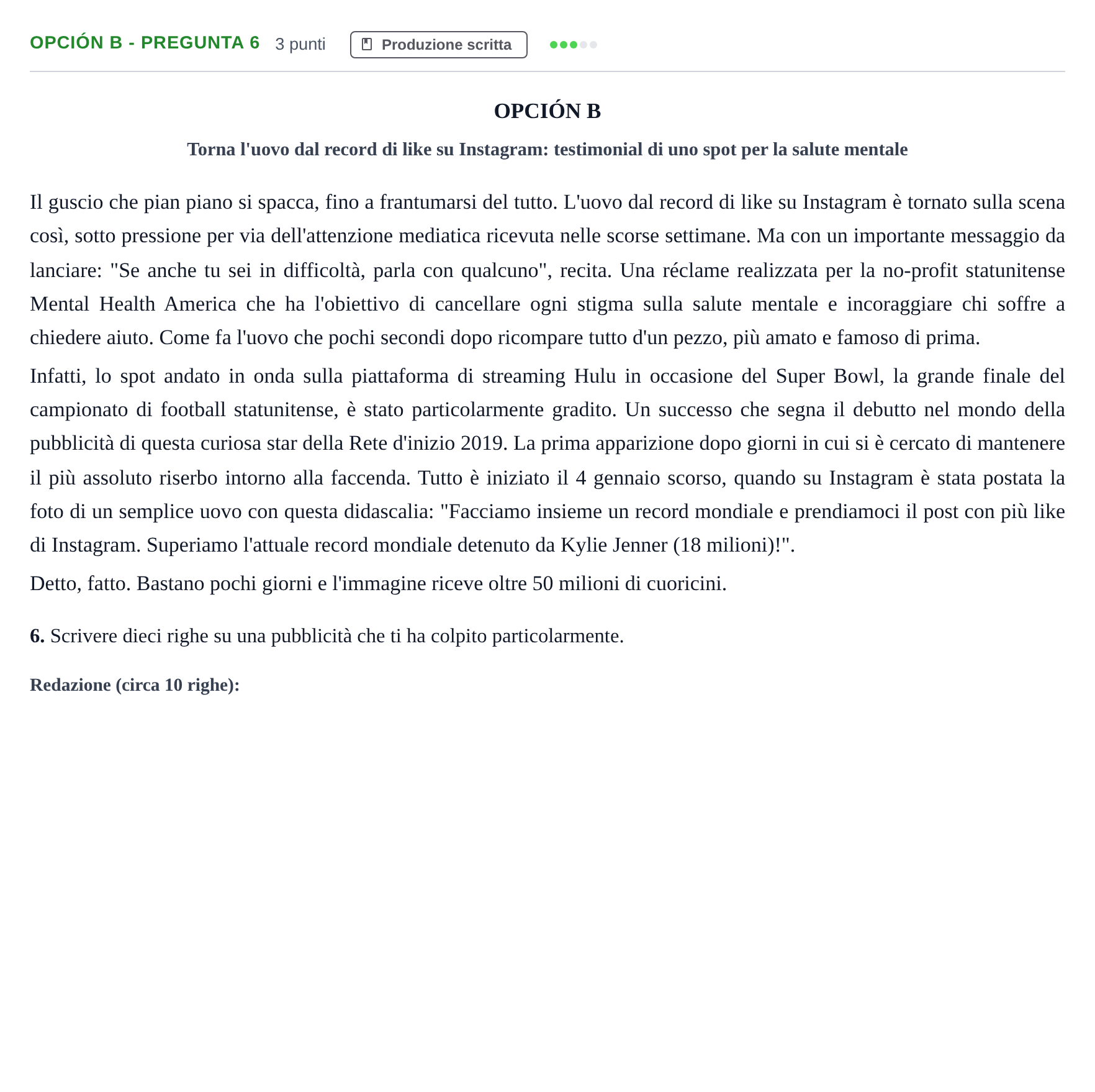 Enunciado: Opción B - Pregunta 6 · Italiano PAU Madrid Extraordinaria (2ª lengua) 2019