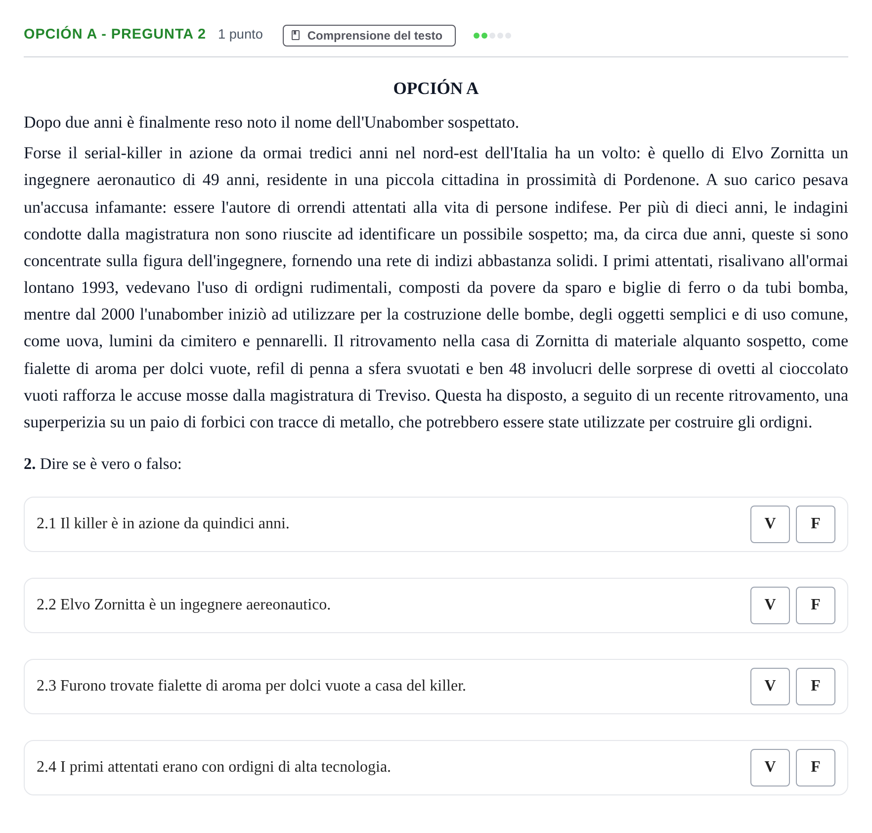 Enunciado: Opción A - Pregunta 2 · Italiano PAU Madrid Modelo 2019