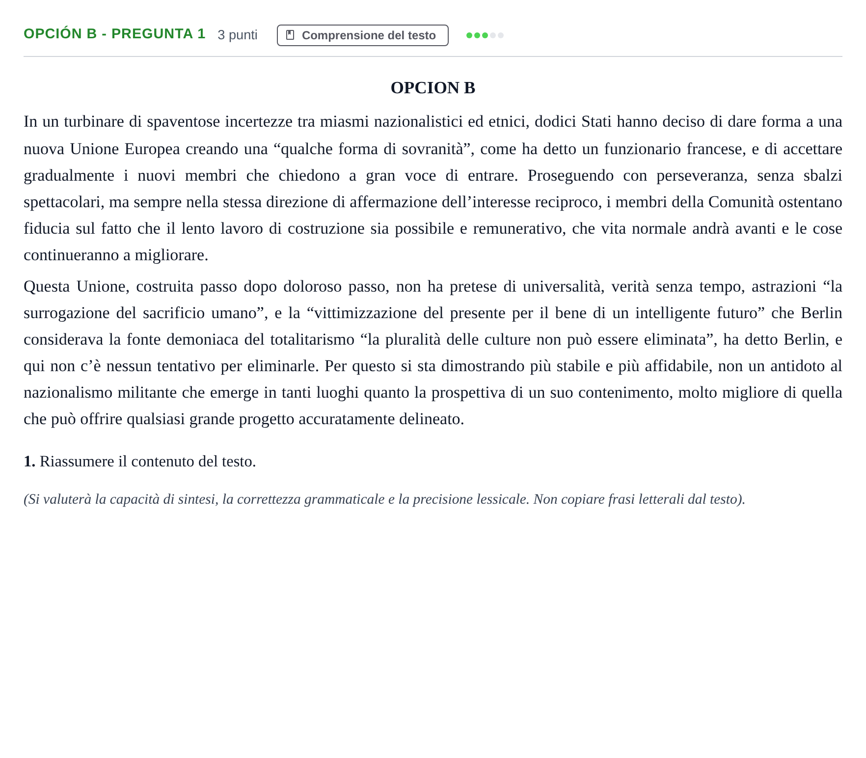 Enunciado: Opción B - Pregunta 1 · Italiano PAU Madrid Modelo 2019