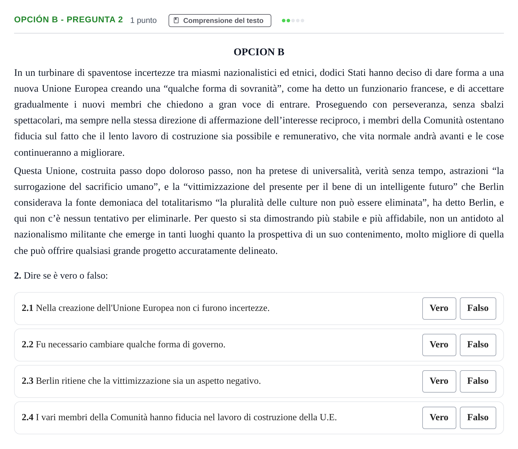 Enunciado: Opción B - Pregunta 2 · Italiano PAU Madrid Modelo 2019