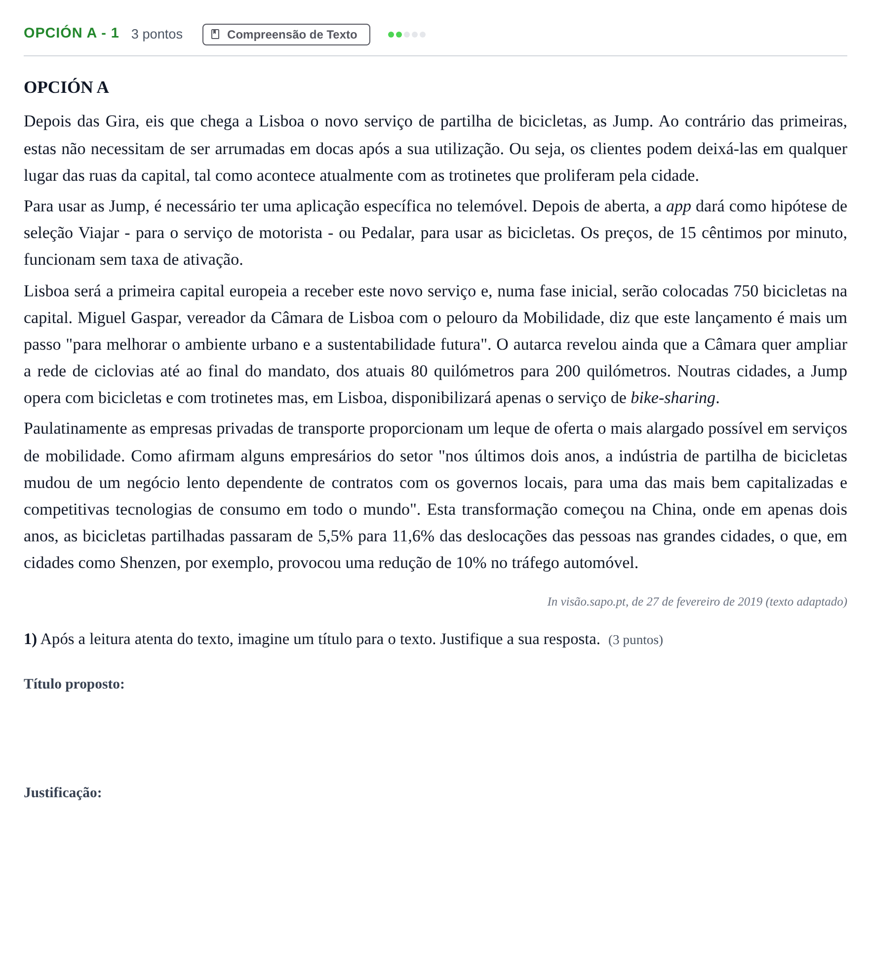 Enunciado: Opción A - 1 · Portugués PAU Madrid Extraordinaria (2ª lengua) 2019