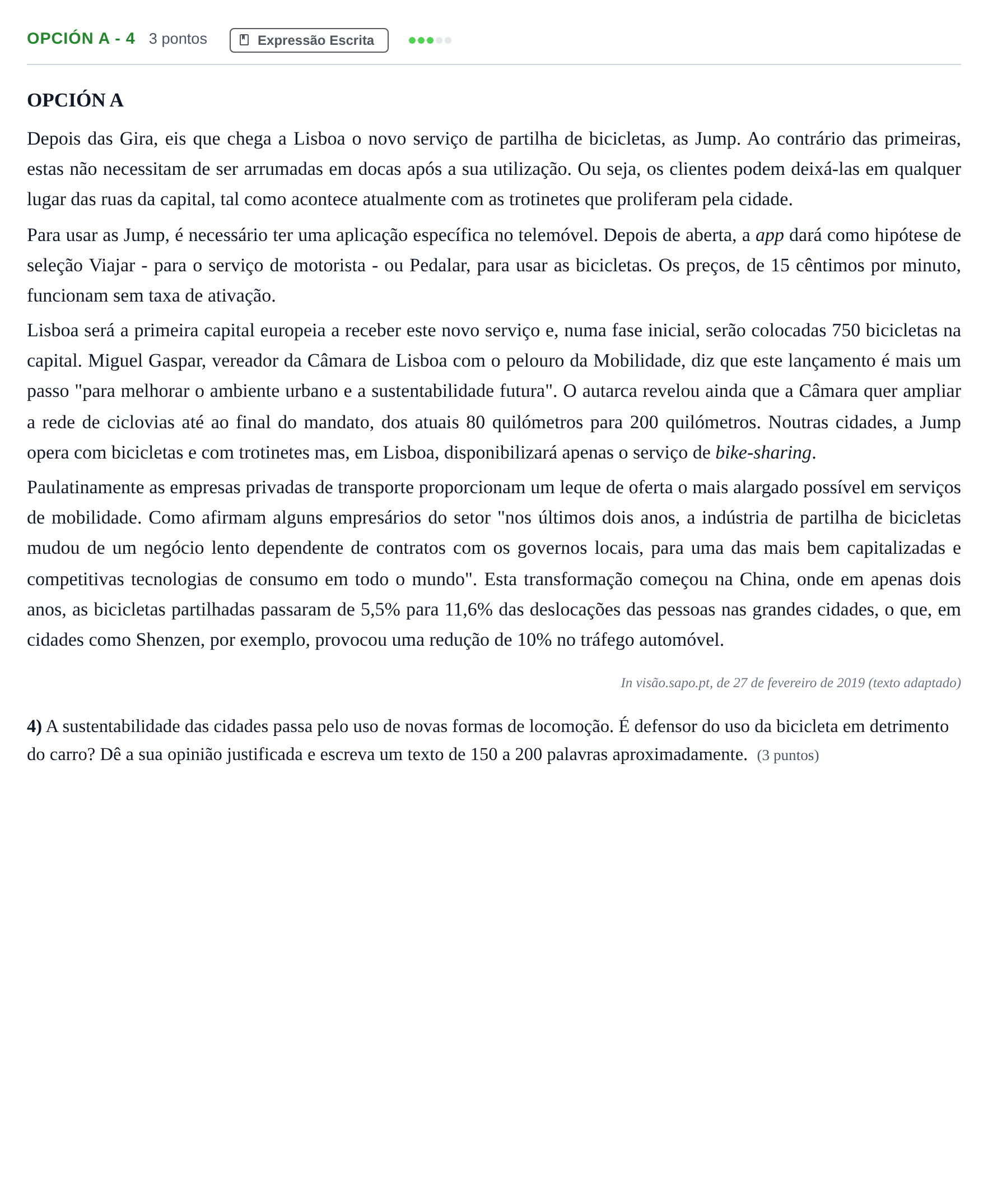 Enunciado: Opción A - 4 · Portugués PAU Madrid Extraordinaria (2ª lengua) 2019
