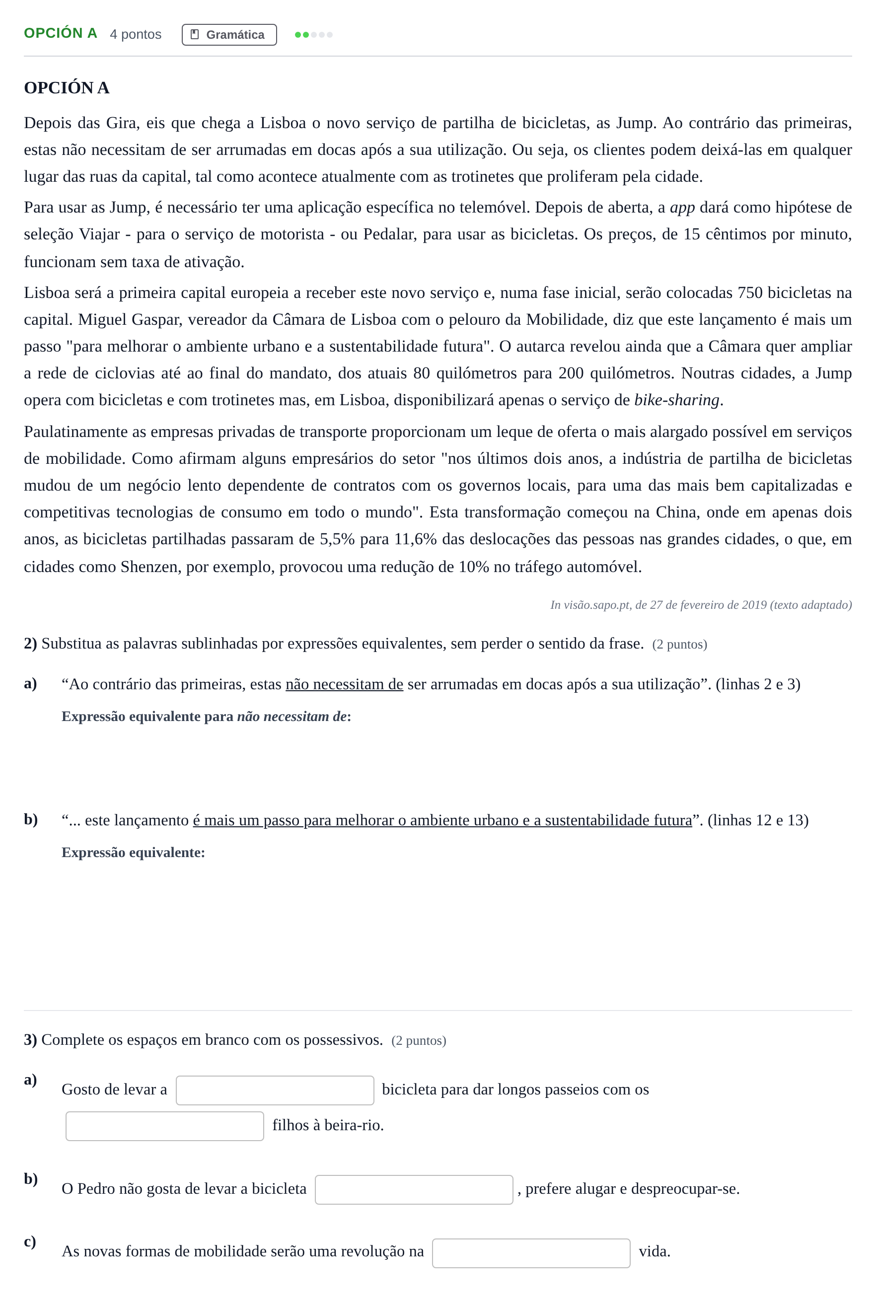 Enunciado: Opción A · Portugués PAU Madrid Extraordinaria (2ª lengua) 2019