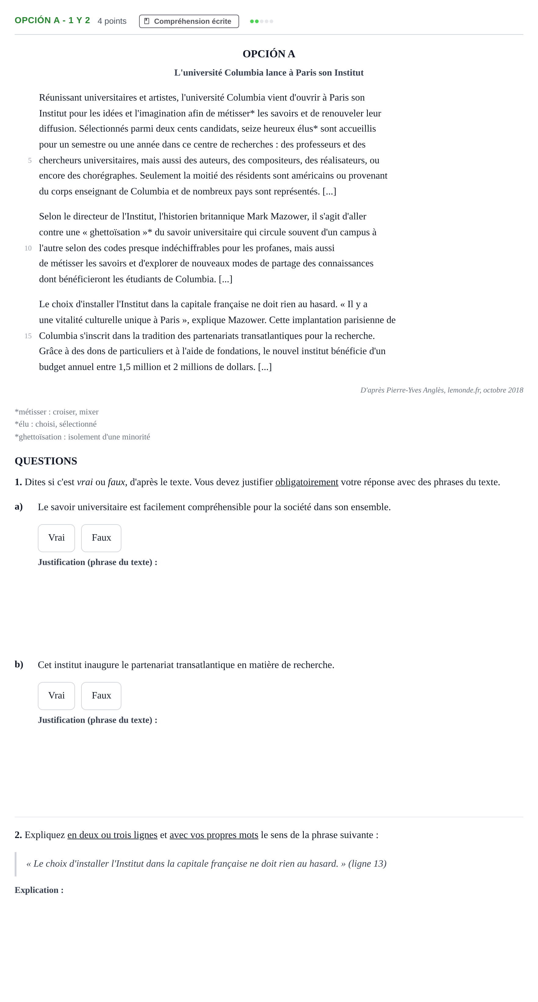 Enunciado: Opción A - 1 y 2 · Francés PAU Madrid Ordinaria (2ª lengua) 2019
