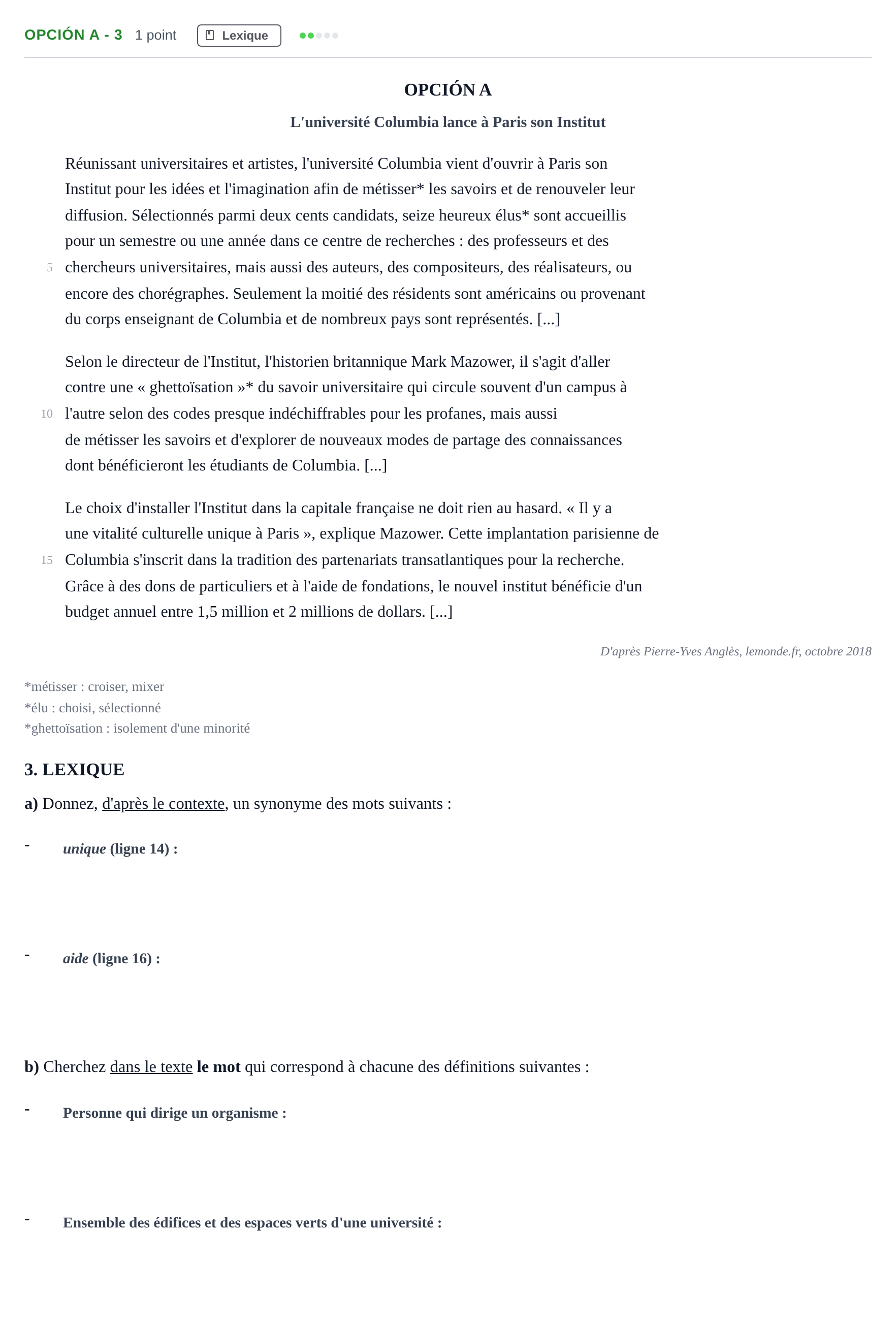 Enunciado: Opción A - 3 · Francés PAU Madrid Ordinaria (2ª lengua) 2019