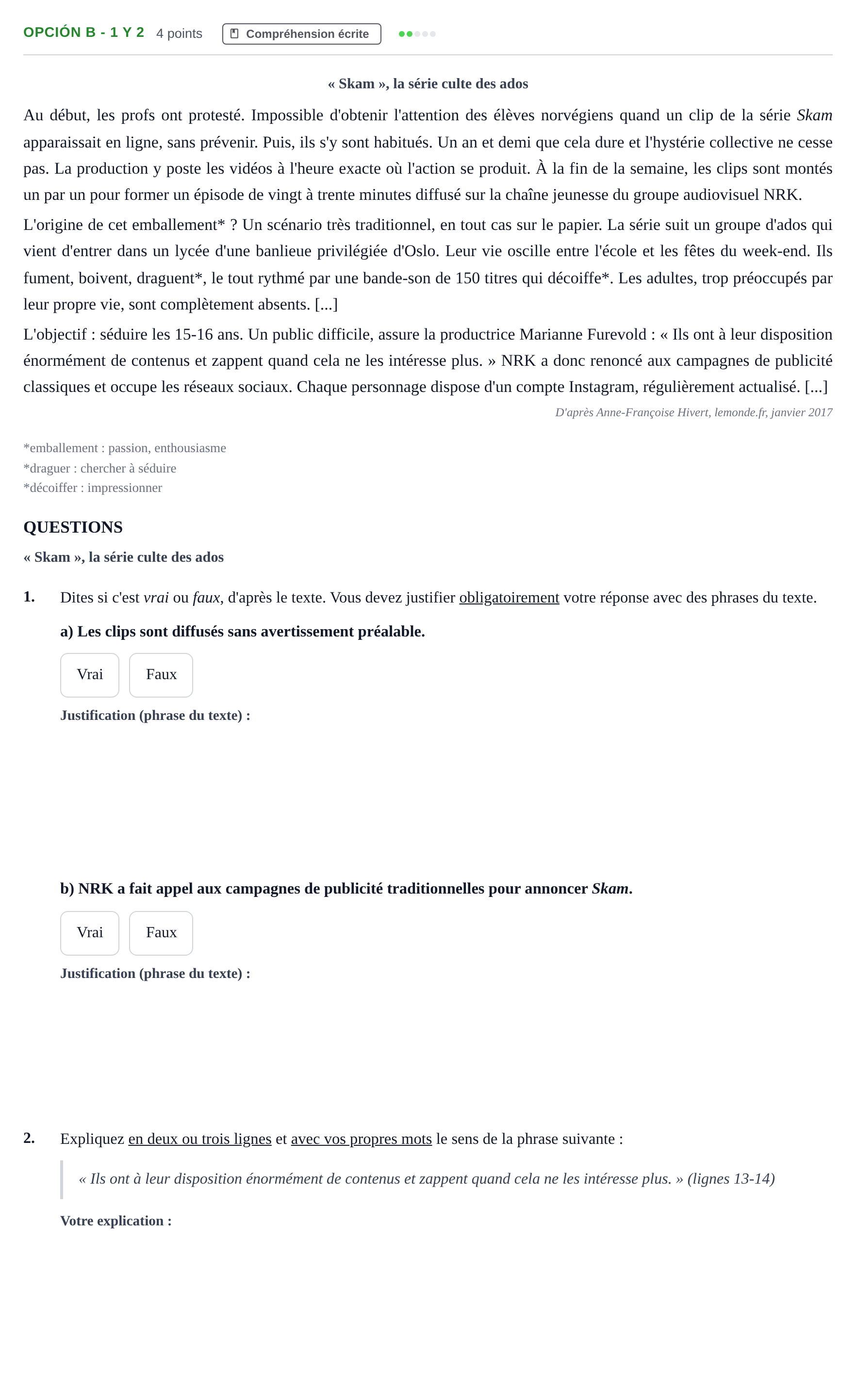 Enunciado: Opción B - 1 y 2 · Francés PAU Madrid Ordinaria (2ª lengua) 2019