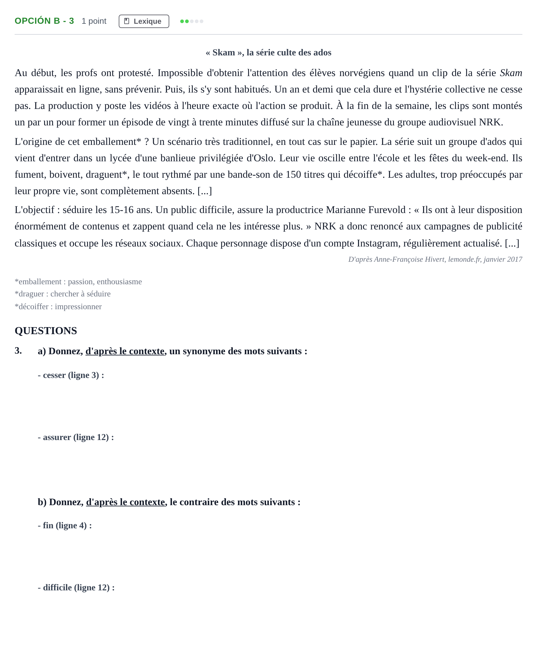 Enunciado: Opción B - 3 · Francés PAU Madrid Ordinaria (2ª lengua) 2019
