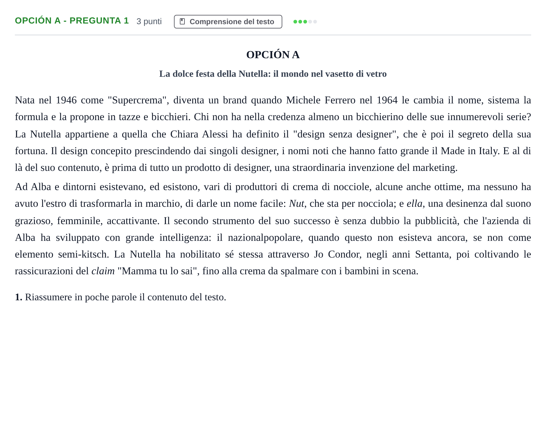 Enunciado: Opción A - Pregunta 1 · Italiano PAU Madrid Ordinaria (2ª lengua) 2019