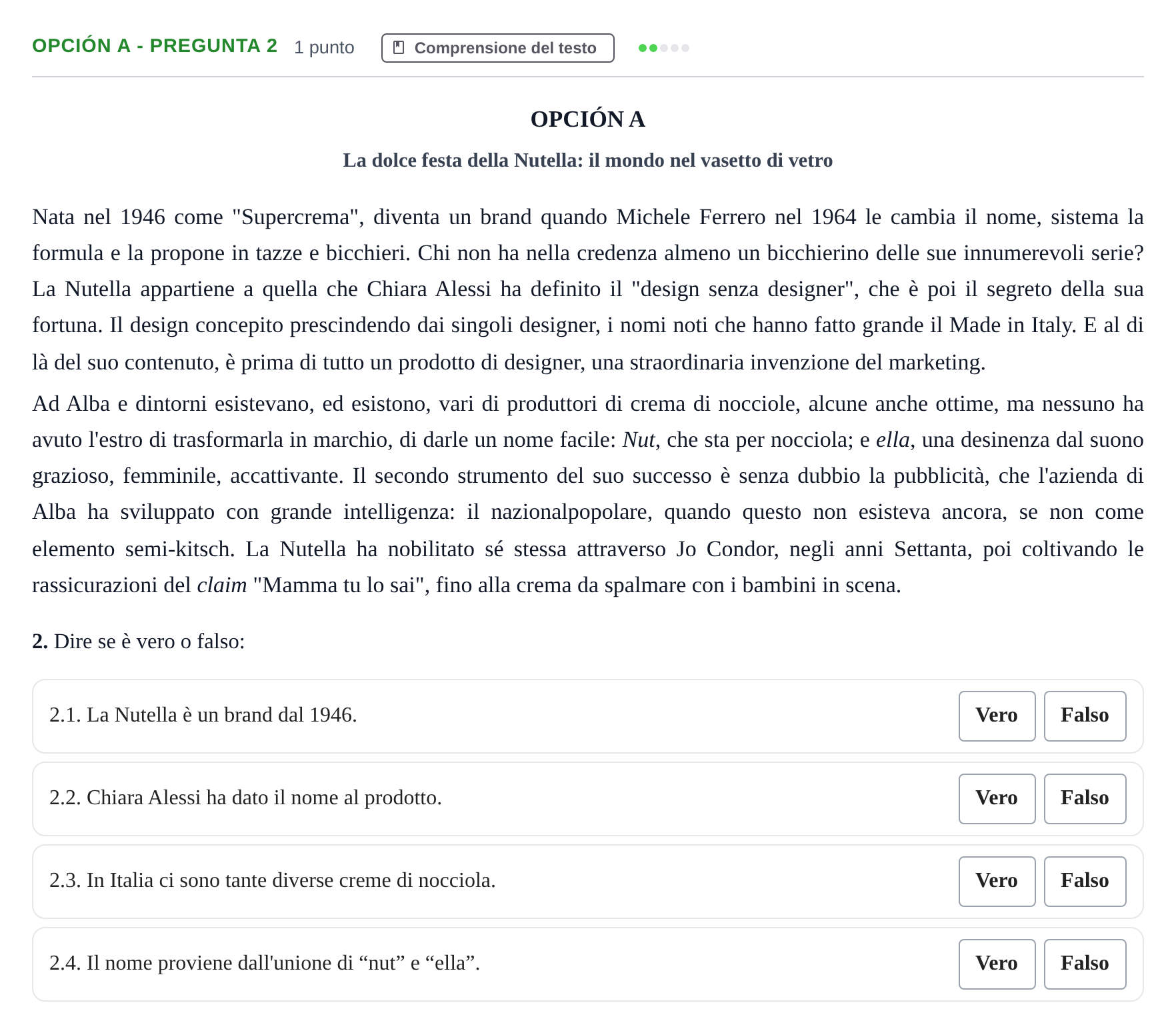 Enunciado: Opción A - Pregunta 2 · Italiano PAU Madrid Ordinaria (2ª lengua) 2019