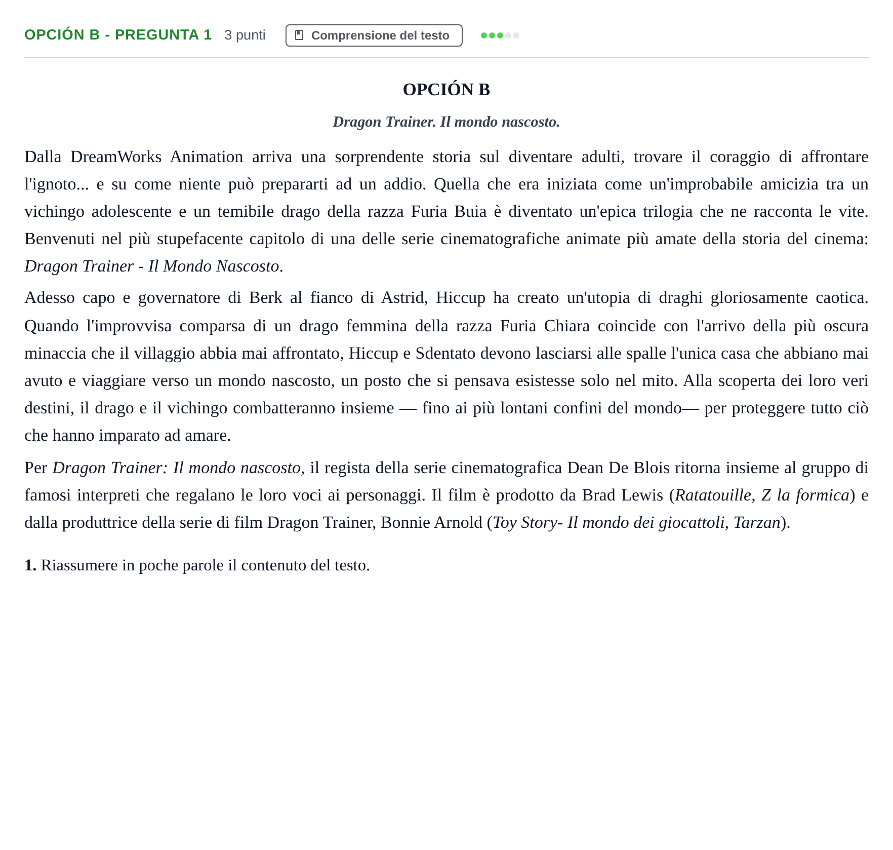 Enunciado: Opción B - Pregunta 1 · Italiano PAU Madrid Ordinaria (2ª lengua) 2019