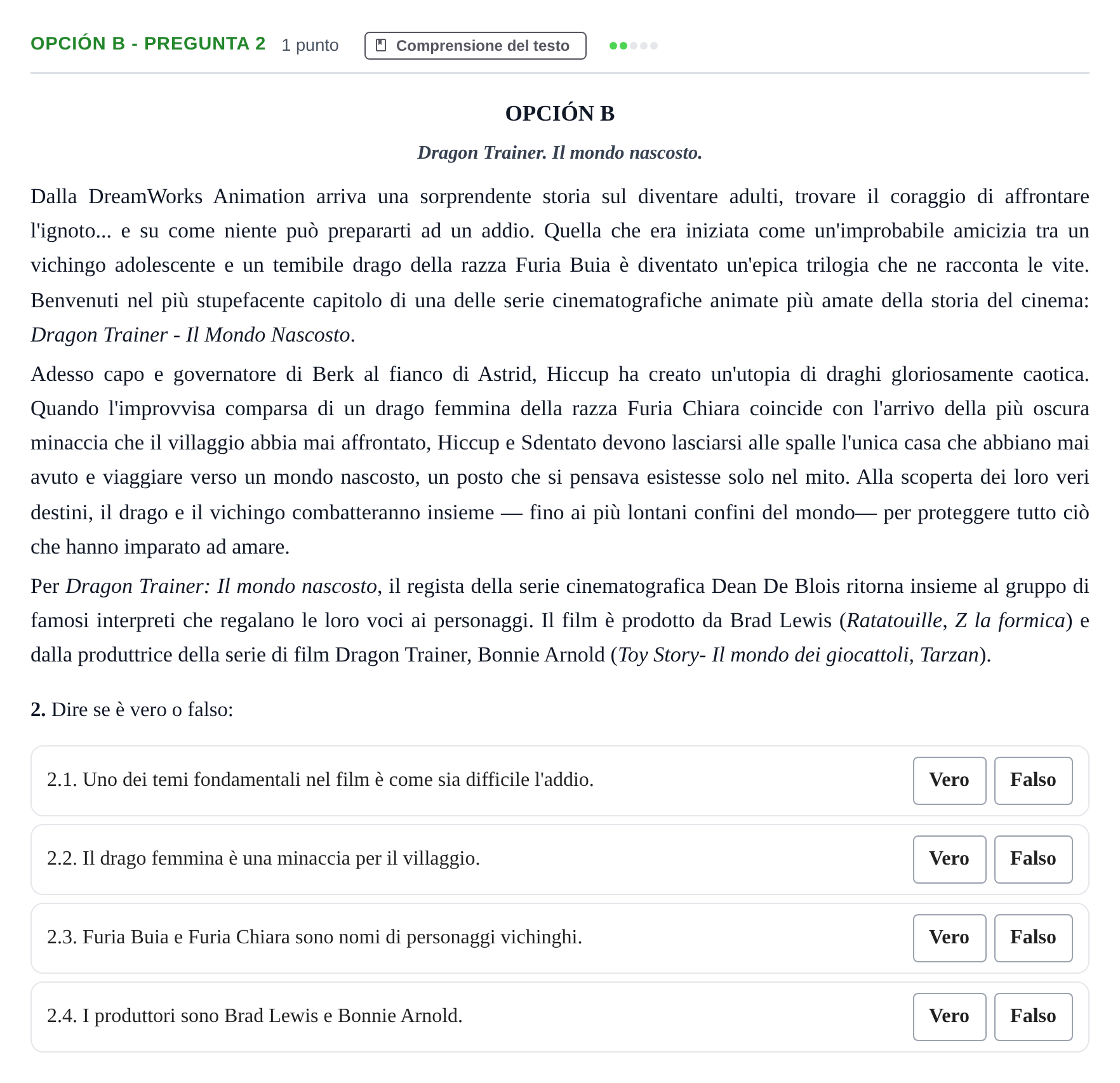 Enunciado: Opción B - Pregunta 2 · Italiano PAU Madrid Ordinaria (2ª lengua) 2019
