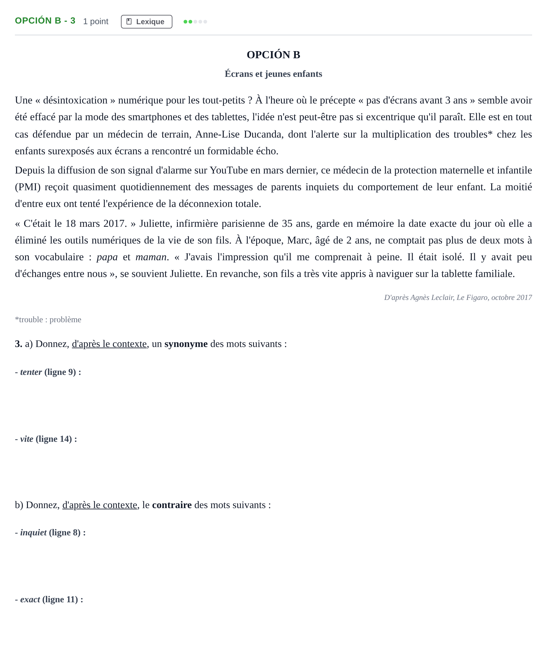 Enunciado: Opción B - 3 · Francés PAU Madrid Modelo 2019