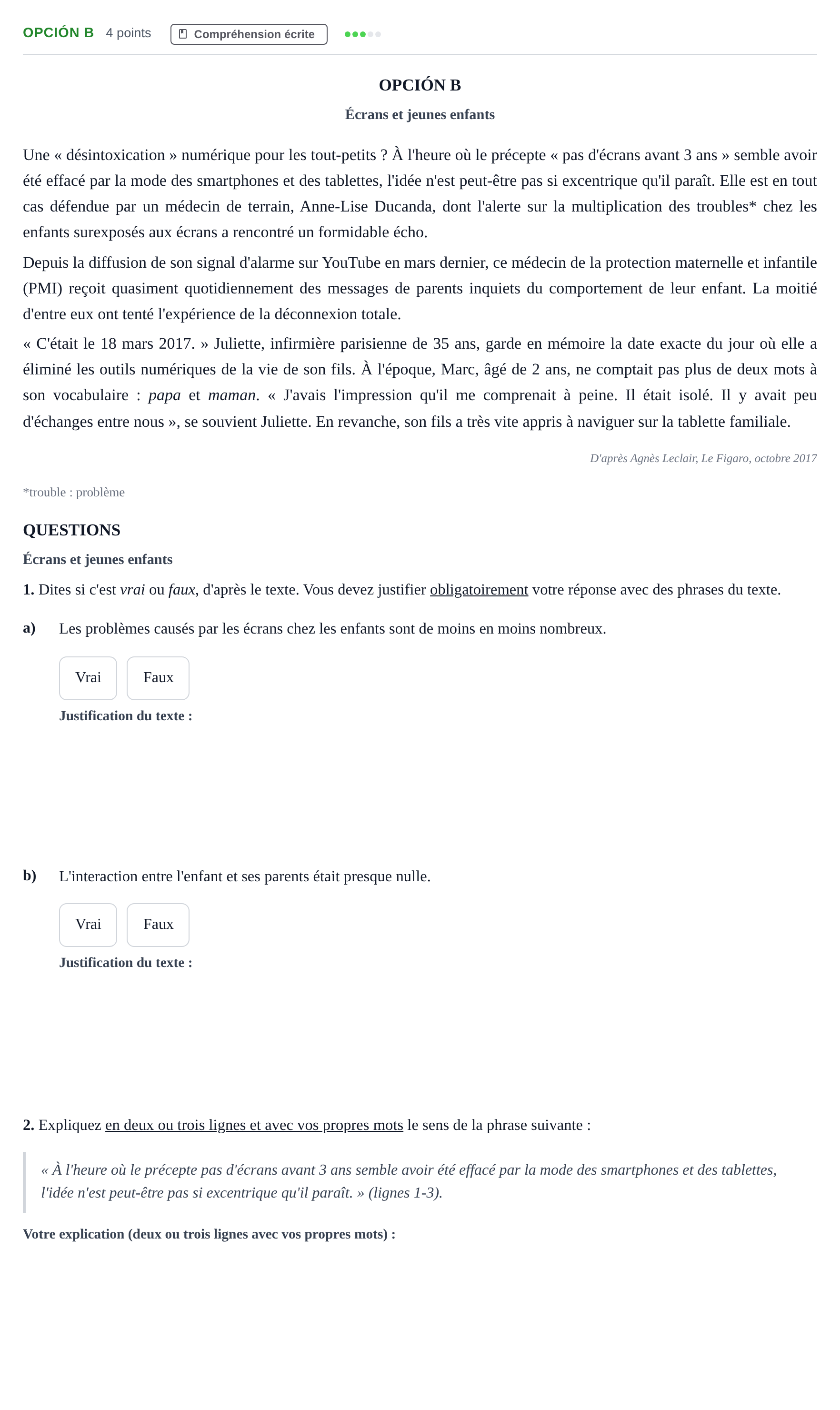 Enunciado: Opción B · Francés PAU Madrid Modelo 2019