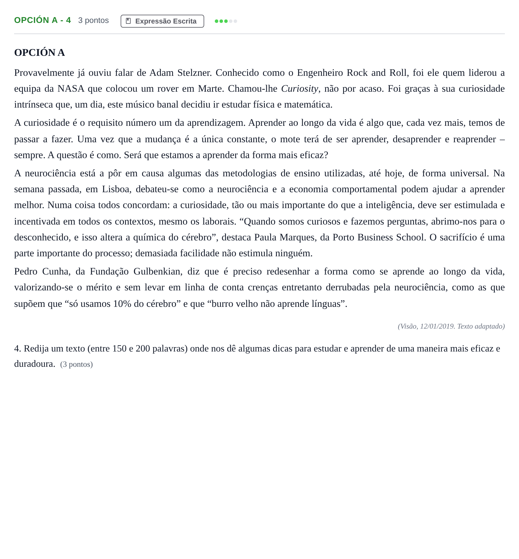 Enunciado: Opción A - 4 · Portugués PAU Madrid Ordinaria (2ª lengua) 2019