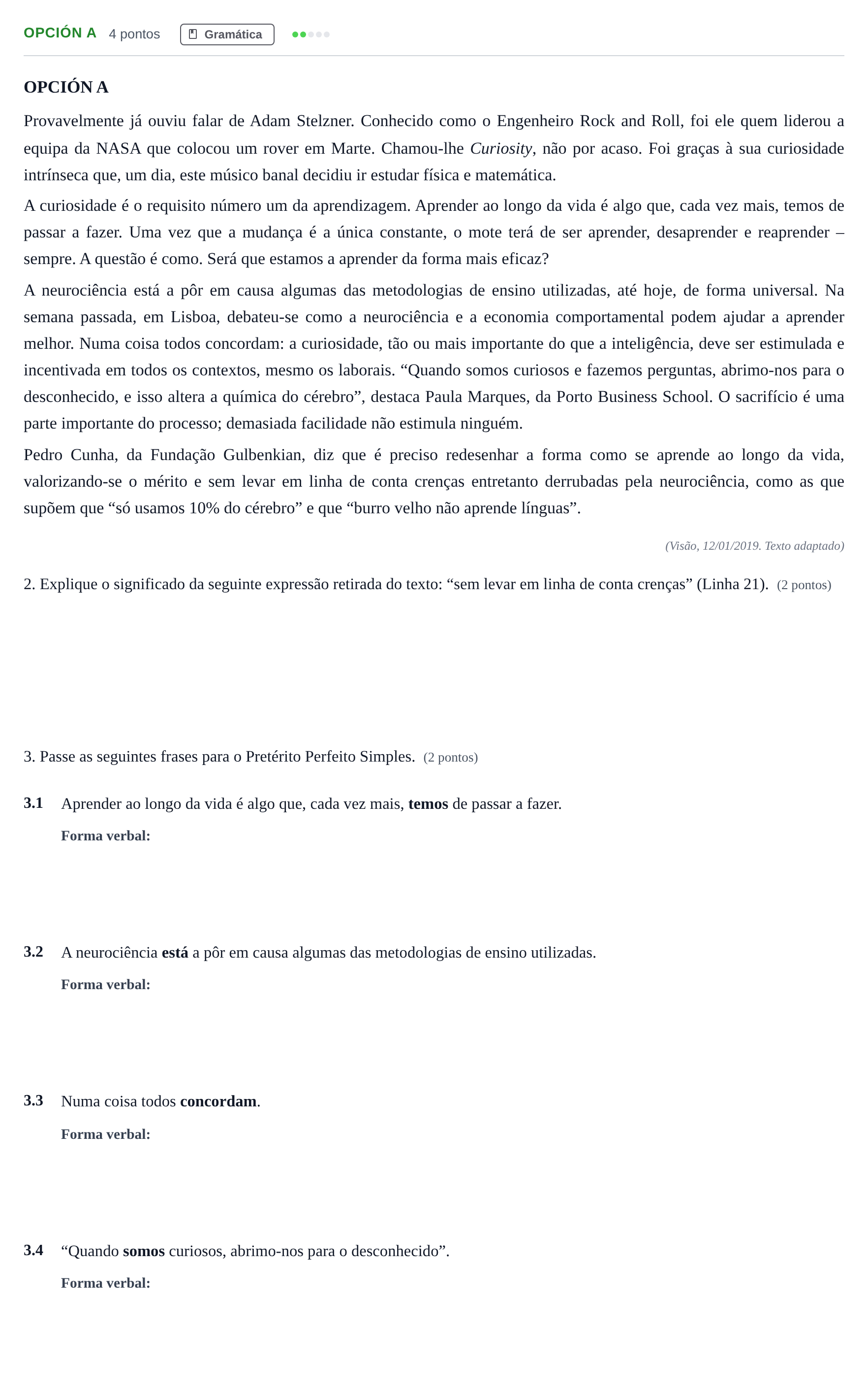Enunciado: Opción A · Portugués PAU Madrid Ordinaria (2ª lengua) 2019