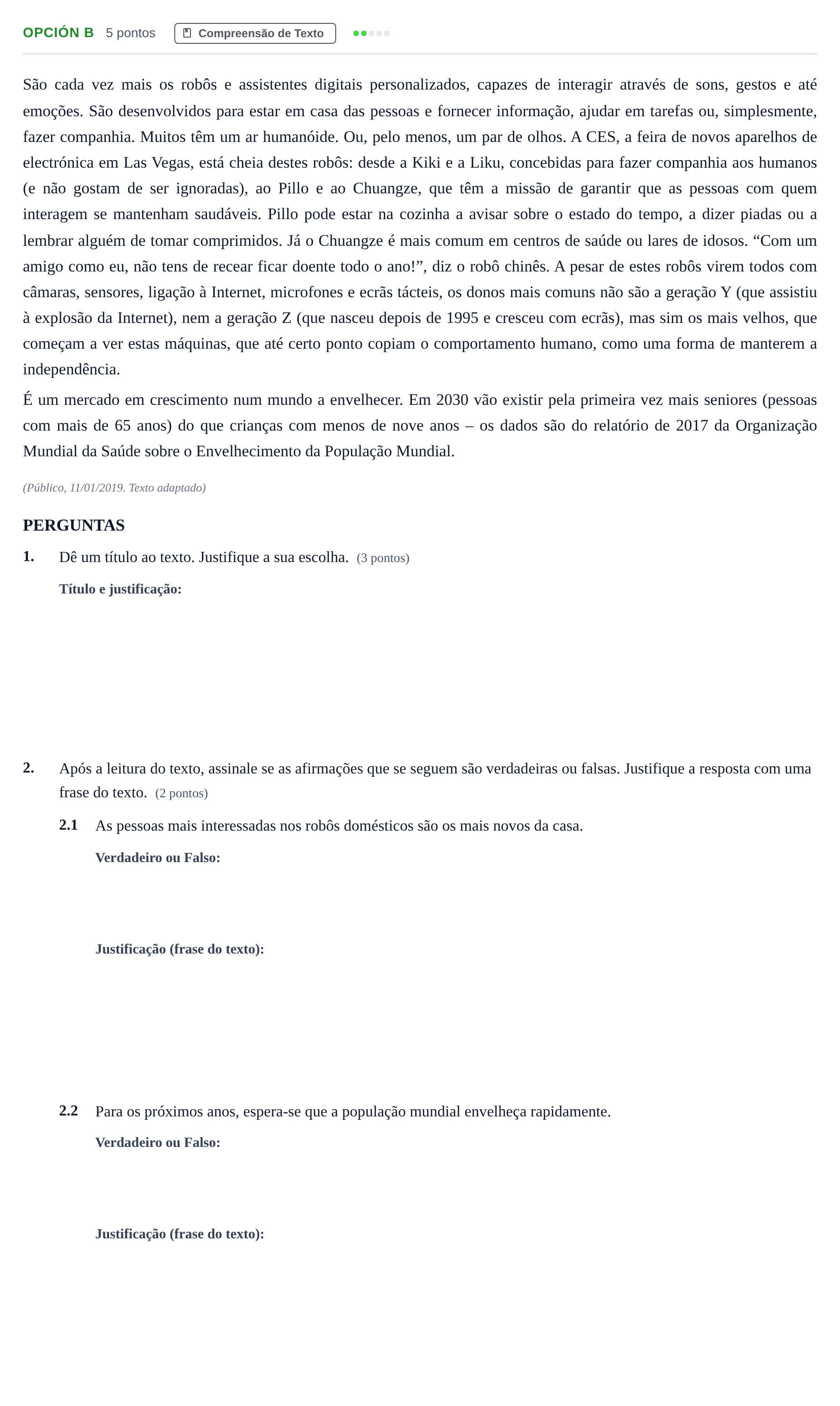 Enunciado: Opción B · Portugués PAU Madrid Ordinaria (2ª lengua) 2019
