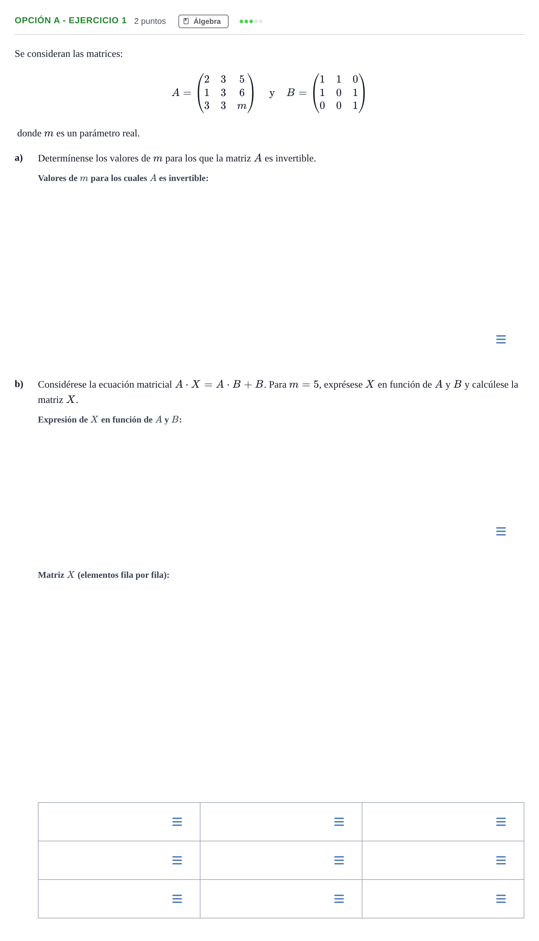 Enunciado: Opción A - Ejercicio 1 · Matemáticas aplicadas a las Ciencias Sociales II PAU Madrid Modelo 2019