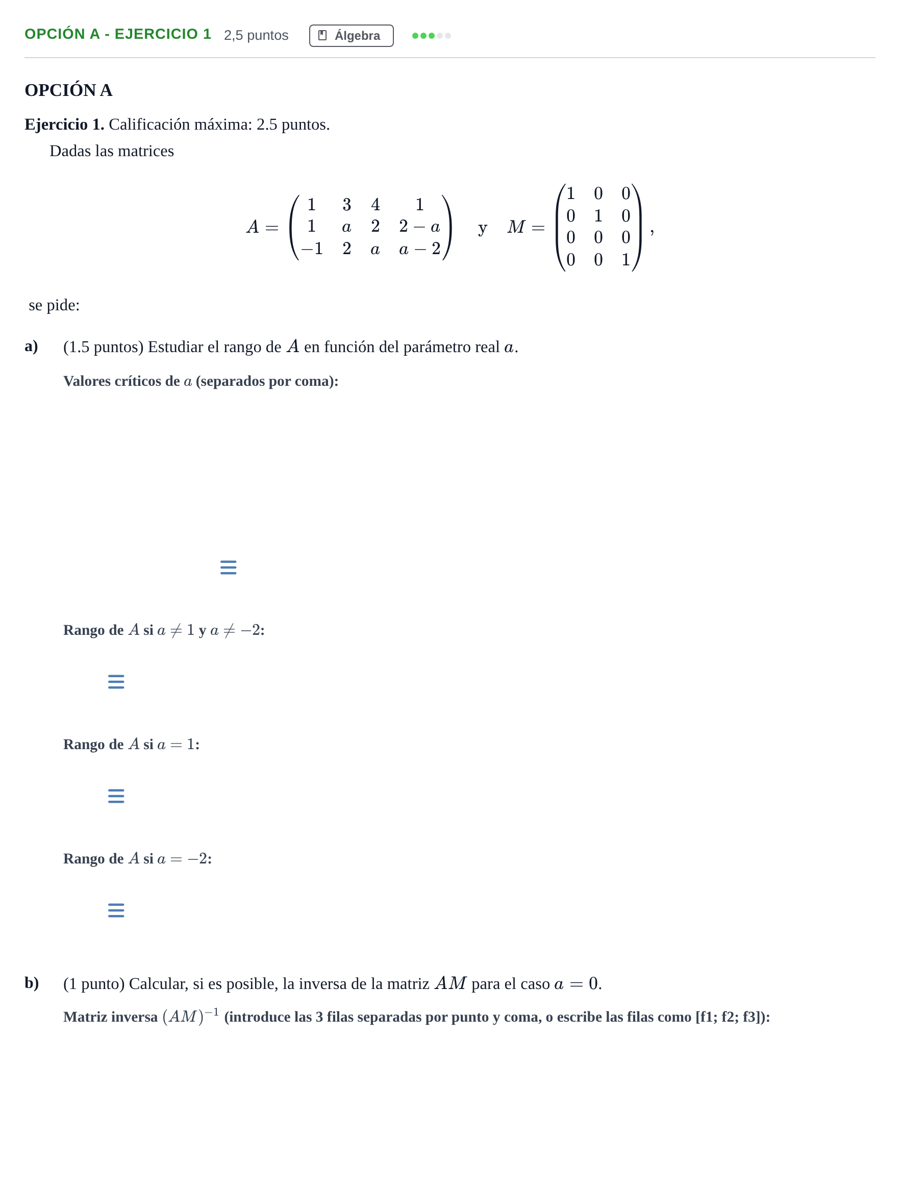 Enunciado: Opción A - Ejercicio 1 · Matemáticas II PAU Madrid Ordinaria 2019