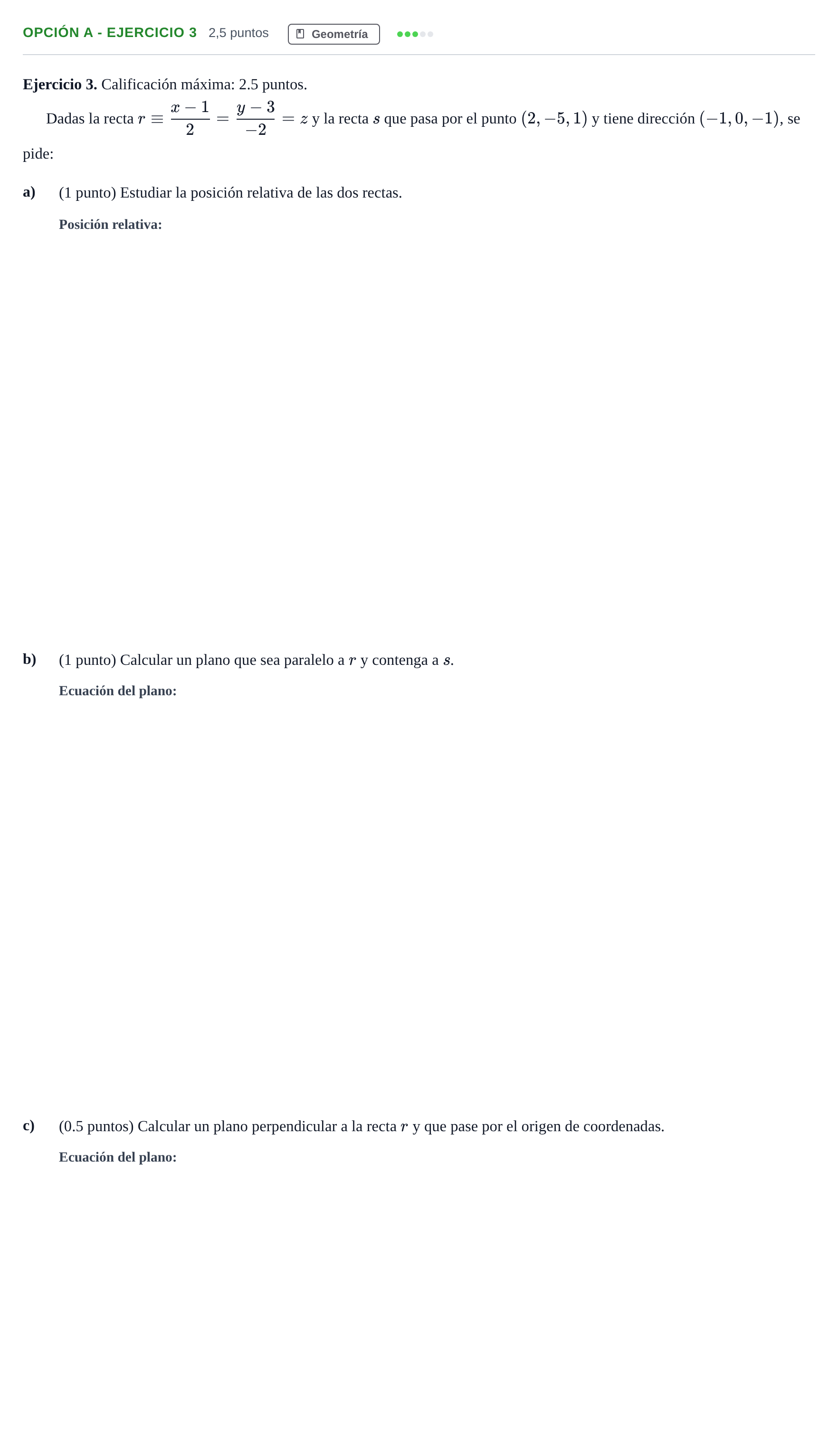 Enunciado: Opción A - Ejercicio 3 · Matemáticas II PAU Madrid Ordinaria 2019