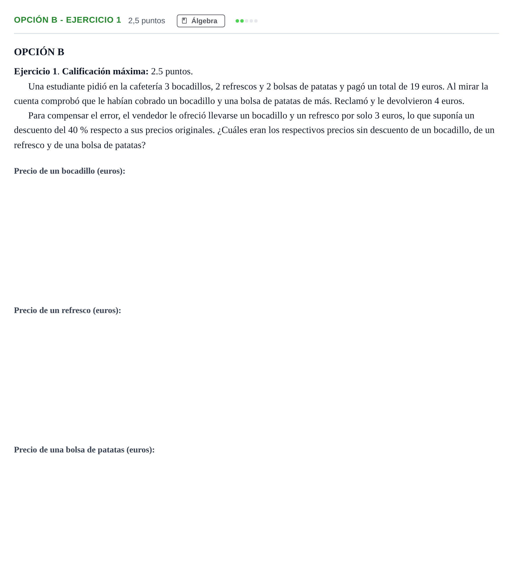 Enunciado: Opción B - Ejercicio 1 · Matemáticas II PAU Madrid Ordinaria 2019