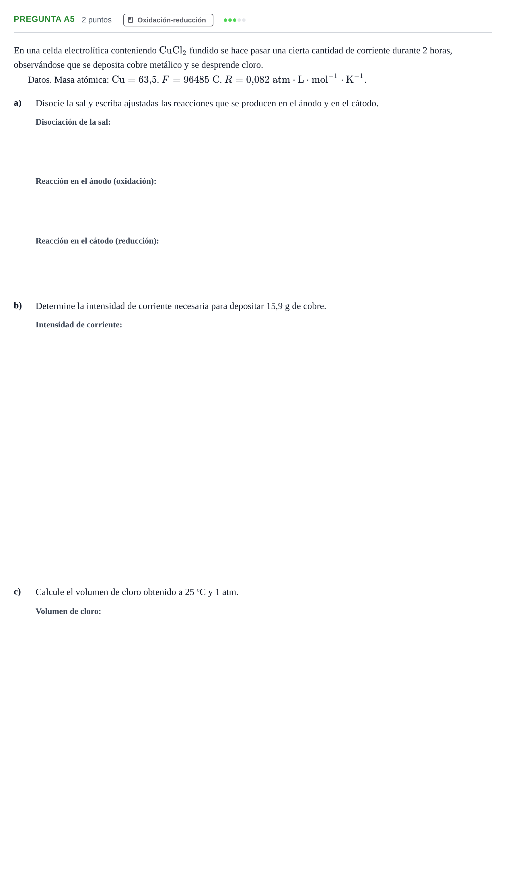 Enunciado: Pregunta A5 · Química PAU Madrid Modelo 2019