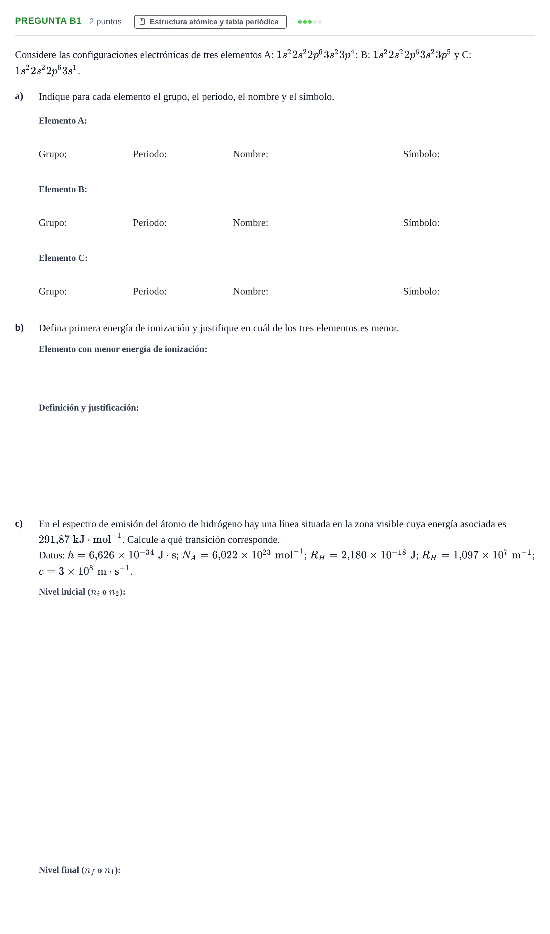 Enunciado: Pregunta B1 · Química PAU Madrid Modelo 2019