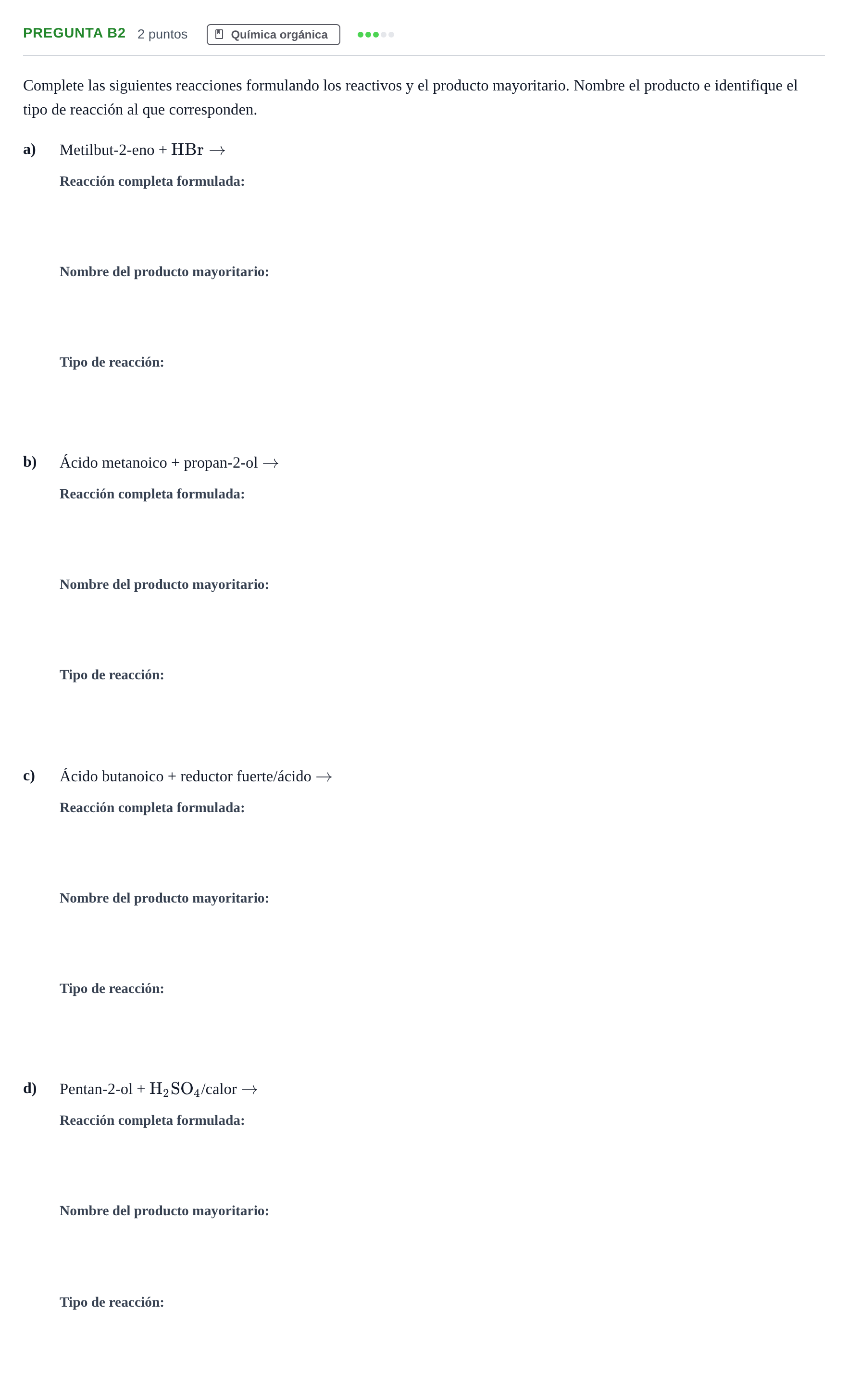 Enunciado: Pregunta B2 · Química PAU Madrid Modelo 2019