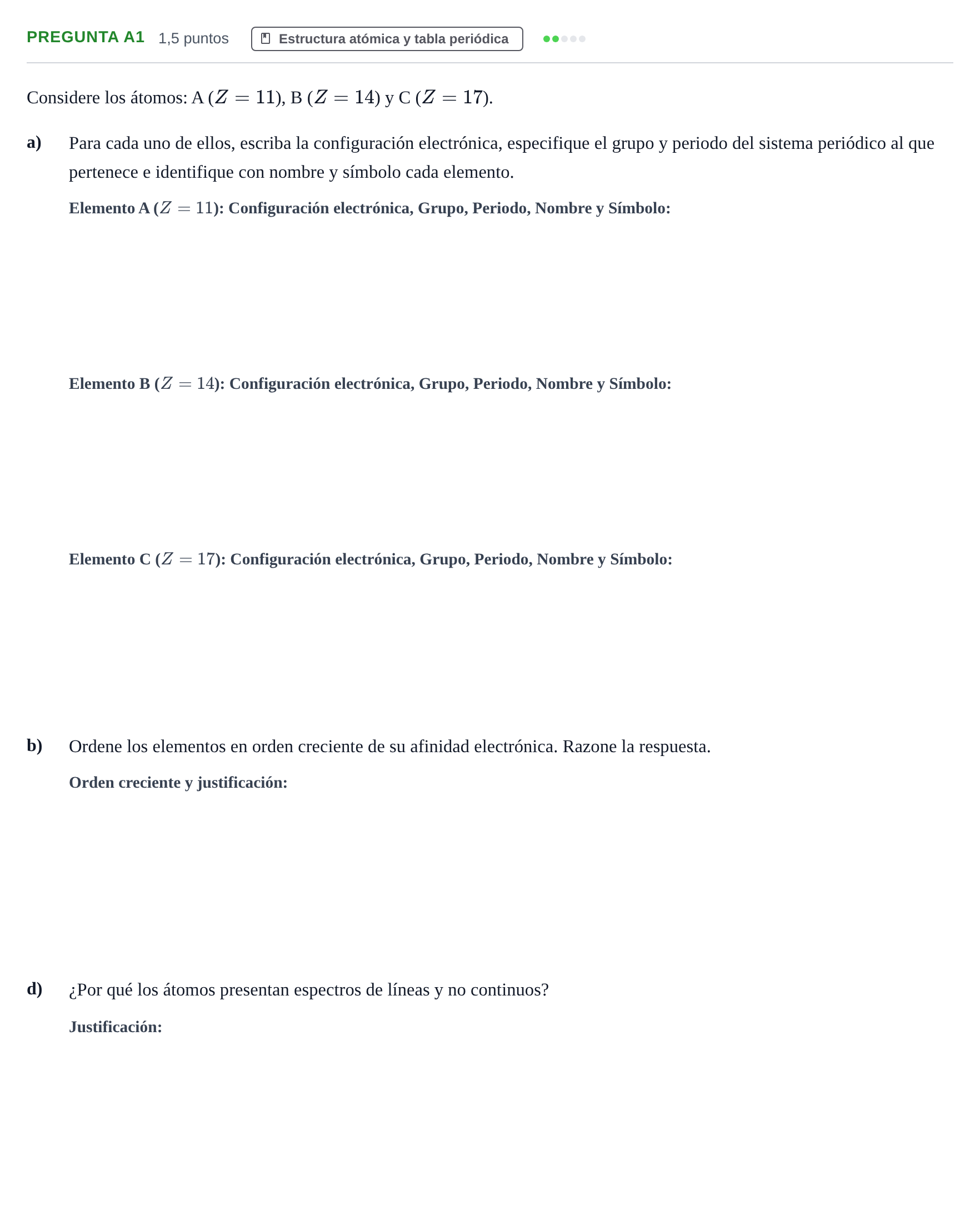 Enunciado: Pregunta A1 - Estructura atómica y tabla periódica · Química PAU Madrid Ordinaria 2019