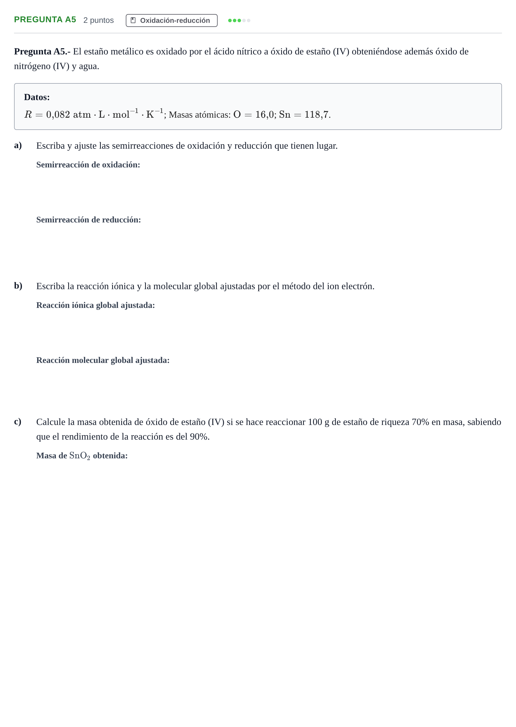 Enunciado: Pregunta A5 · Química PAU Madrid Ordinaria 2019