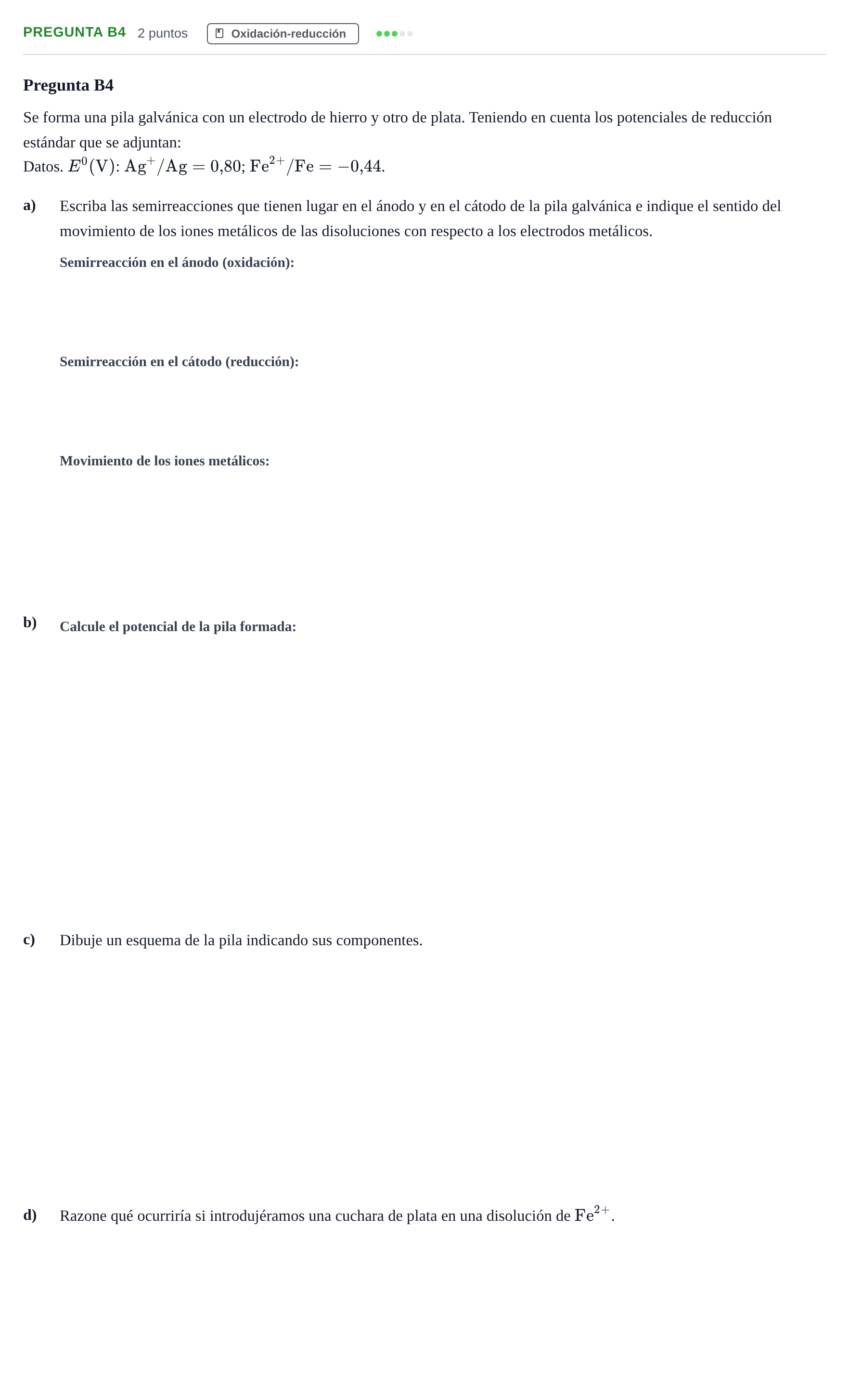 Enunciado: Pregunta B4 · Química PAU Madrid Ordinaria 2019