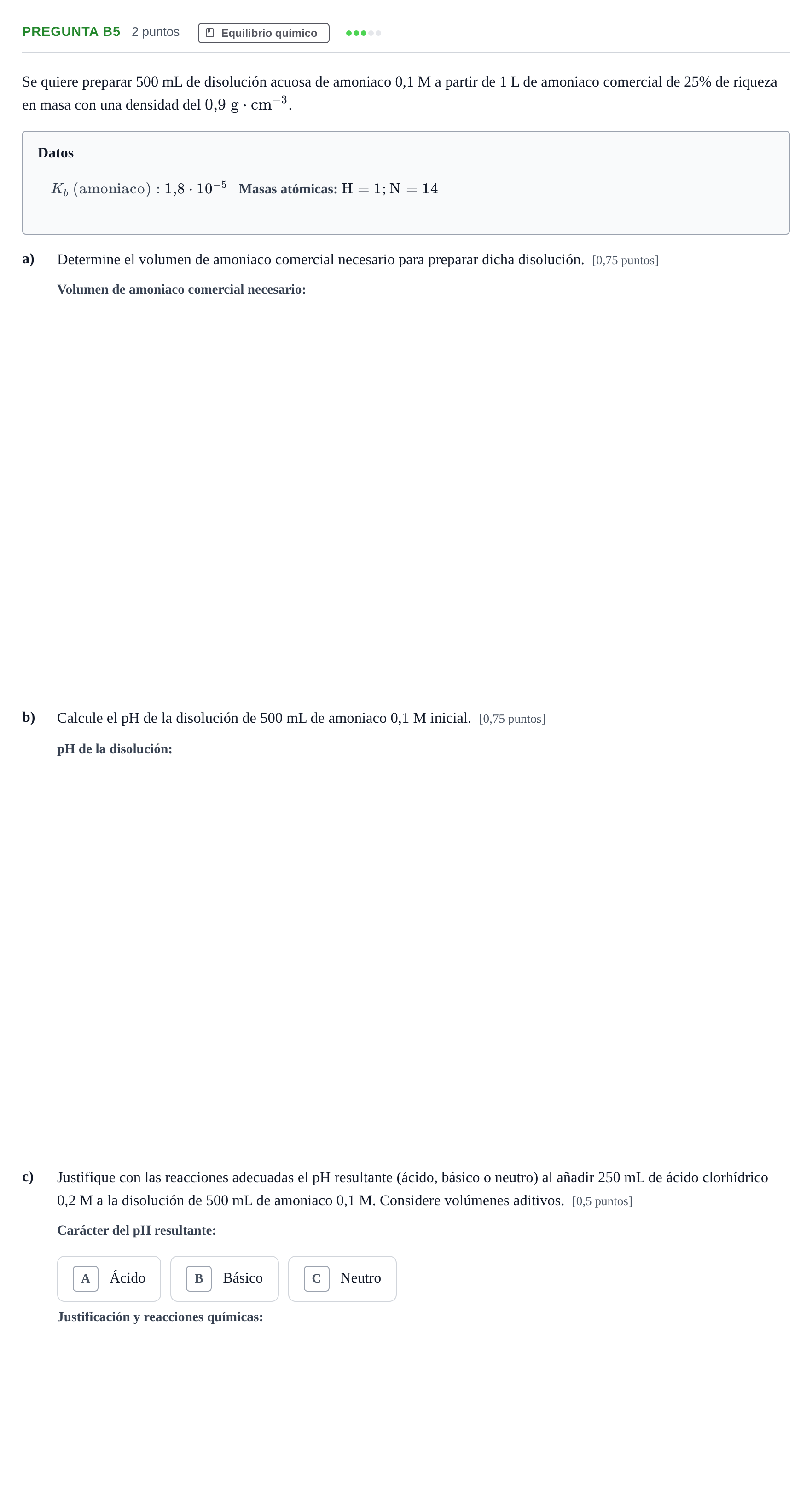 Enunciado: Pregunta B5 · Química PAU Madrid Ordinaria 2019