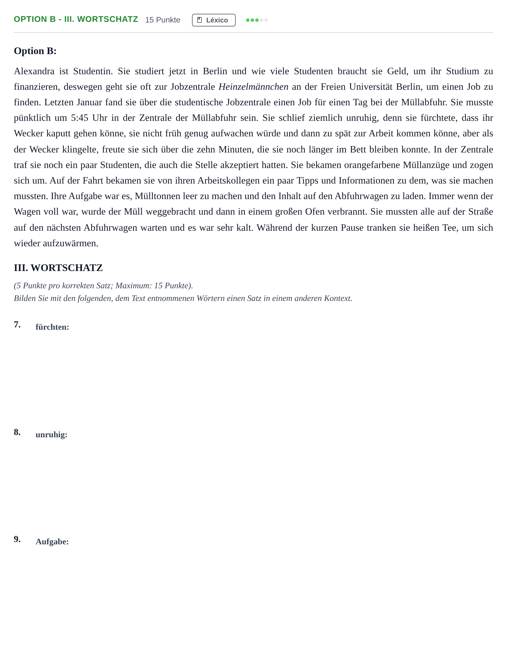 Enunciado: Ejercicio Option B - III. Wortschatz · Alemán PAU Andalucía Ordinaria Reserva A 2013