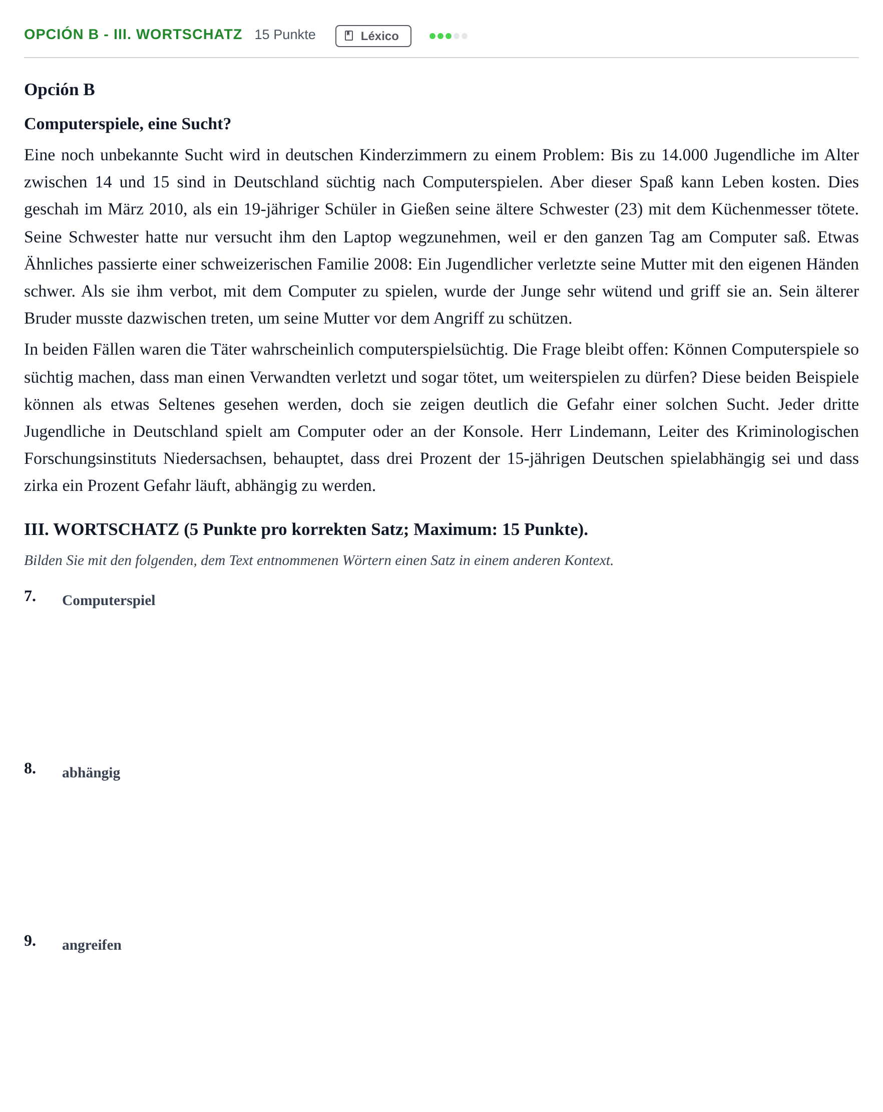 Enunciado: Opción B - III. Wortschatz · Alemán PAU Andalucía Extraordinaria Reserva B 2013