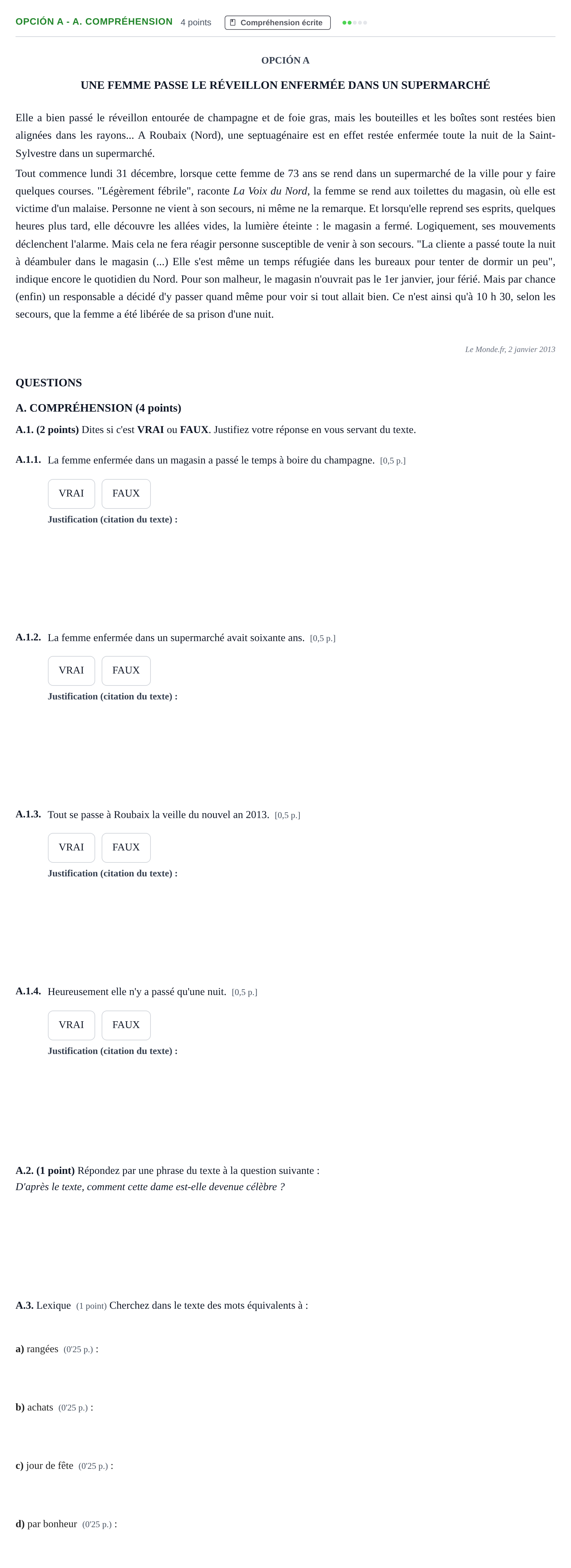 Enunciado: Opción A - A. Compréhension · Francés PAU Andalucía Ordinaria Reserva A 2013