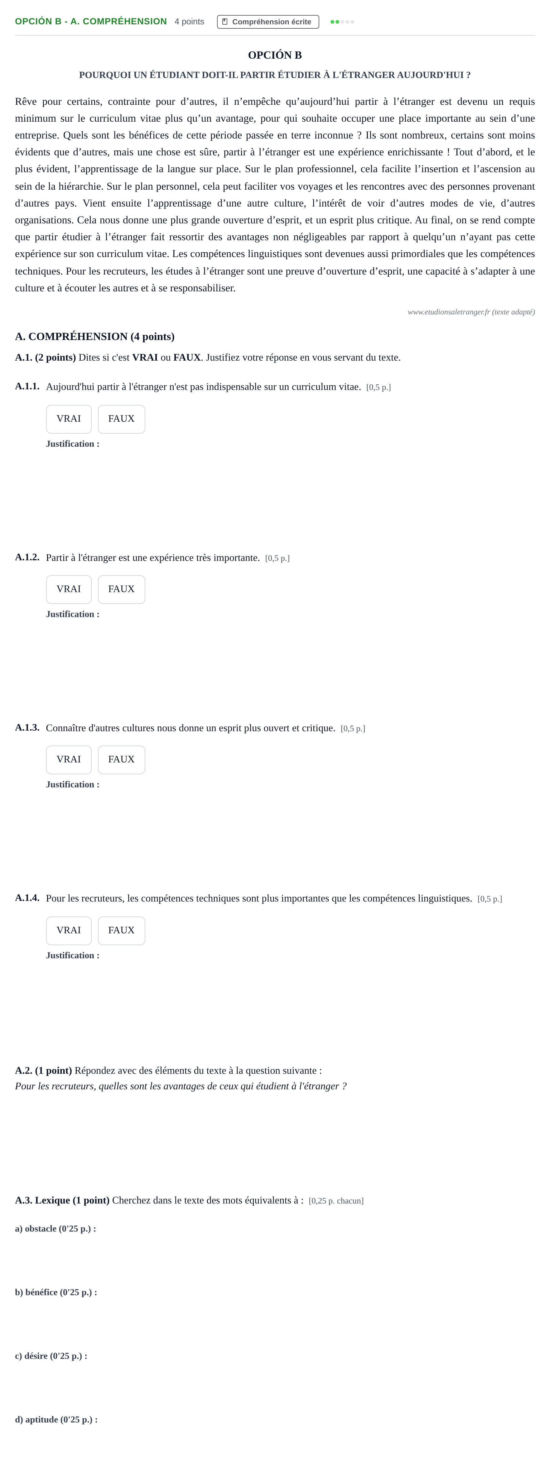 Enunciado: Opción B - A. Compréhension · Francés PAU Andalucía Ordinaria Reserva A 2013