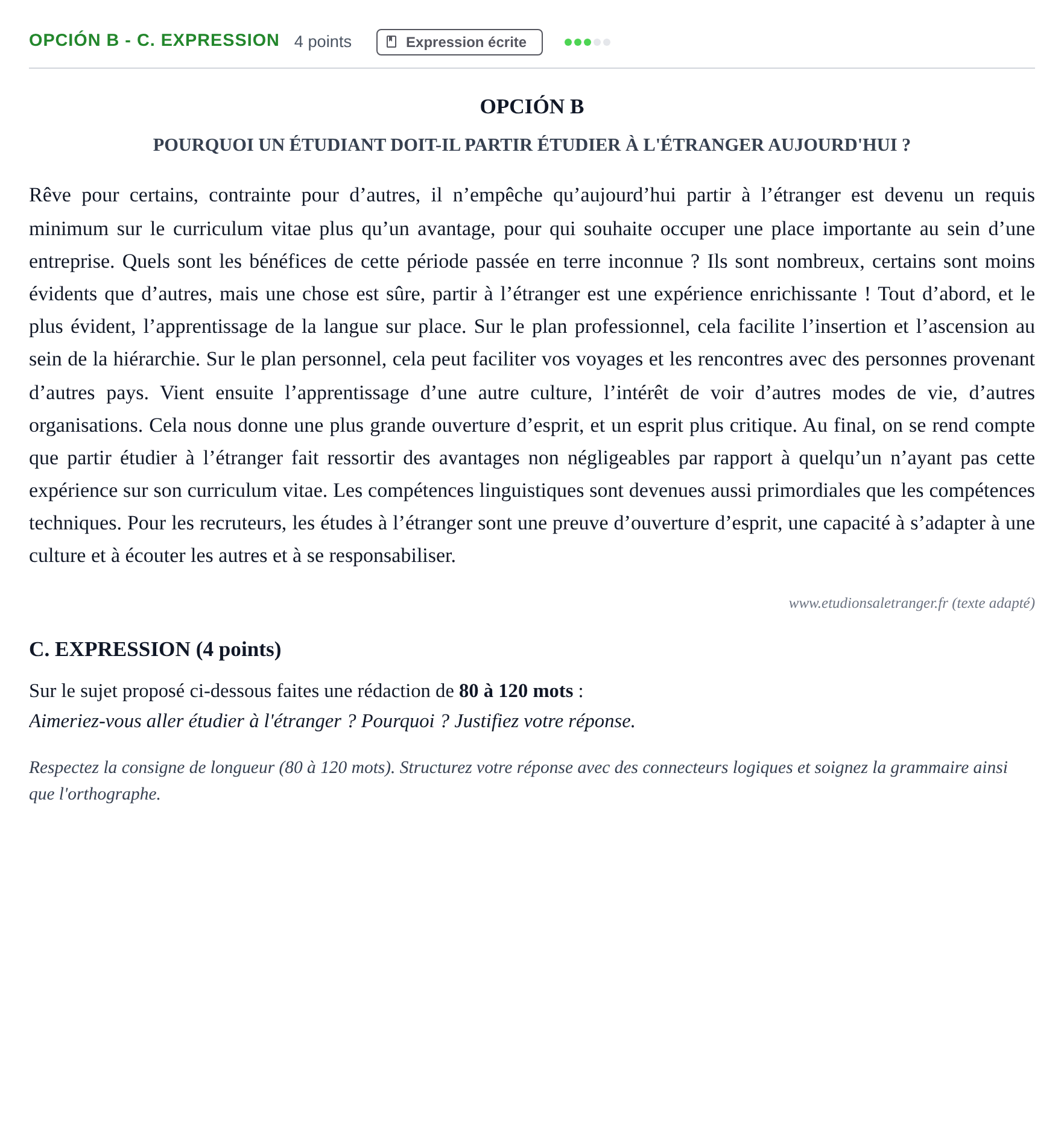 Enunciado: Opción B - C. Expression · Francés PAU Andalucía Ordinaria Reserva A 2013