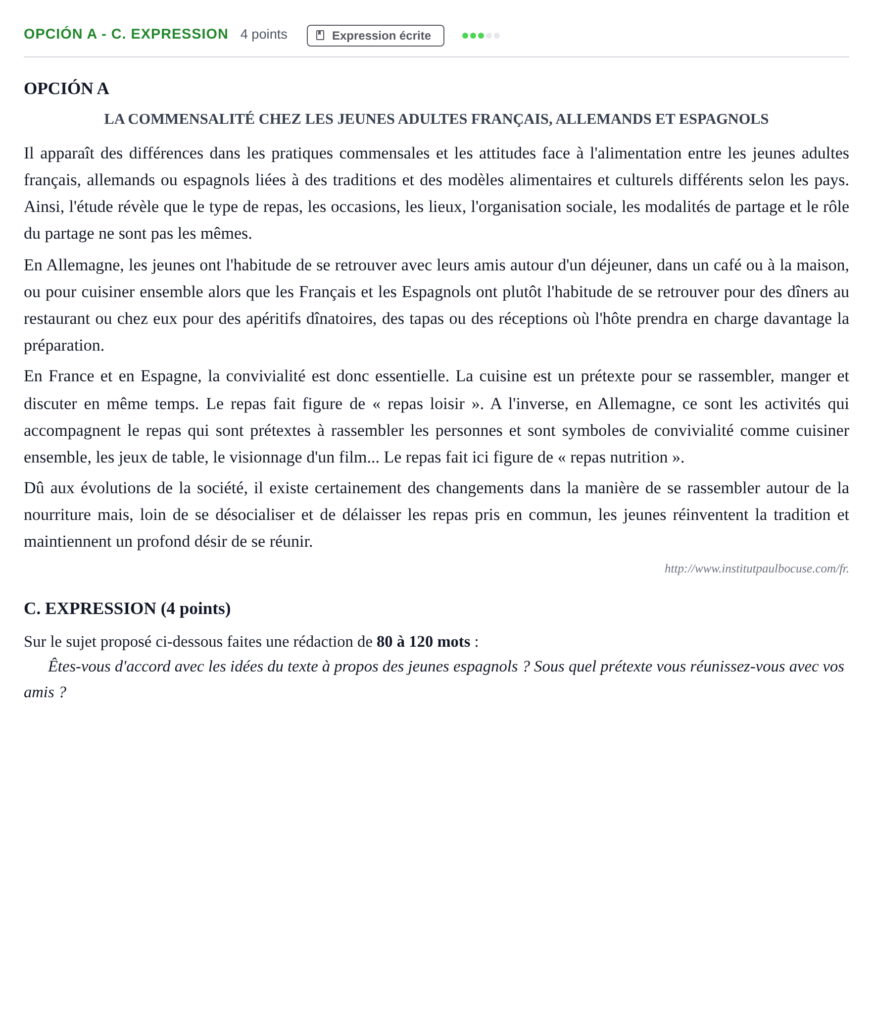 Enunciado: Opción A - C. Expression · Francés PAU Andalucía Ordinaria Reserva B 2013