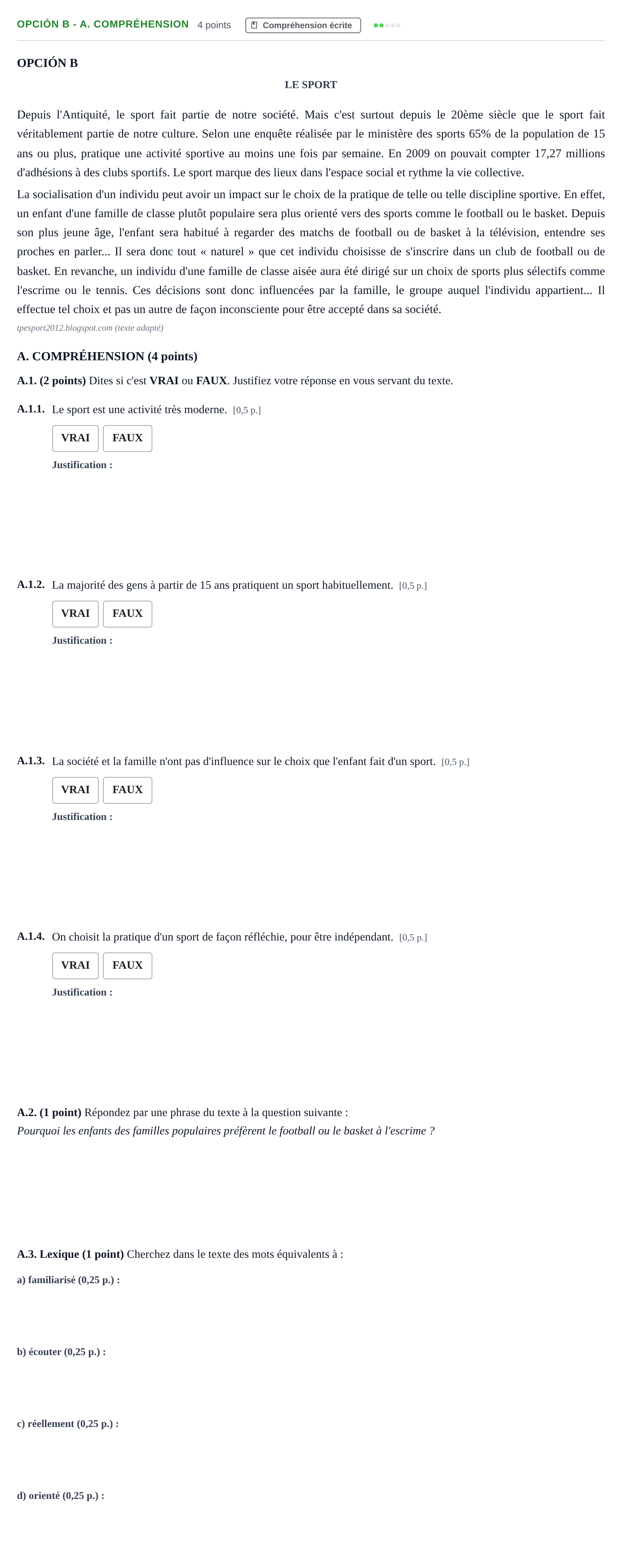 Enunciado: Opción B - A. Compréhension · Francés PAU Andalucía Extraordinaria Reserva B 2013