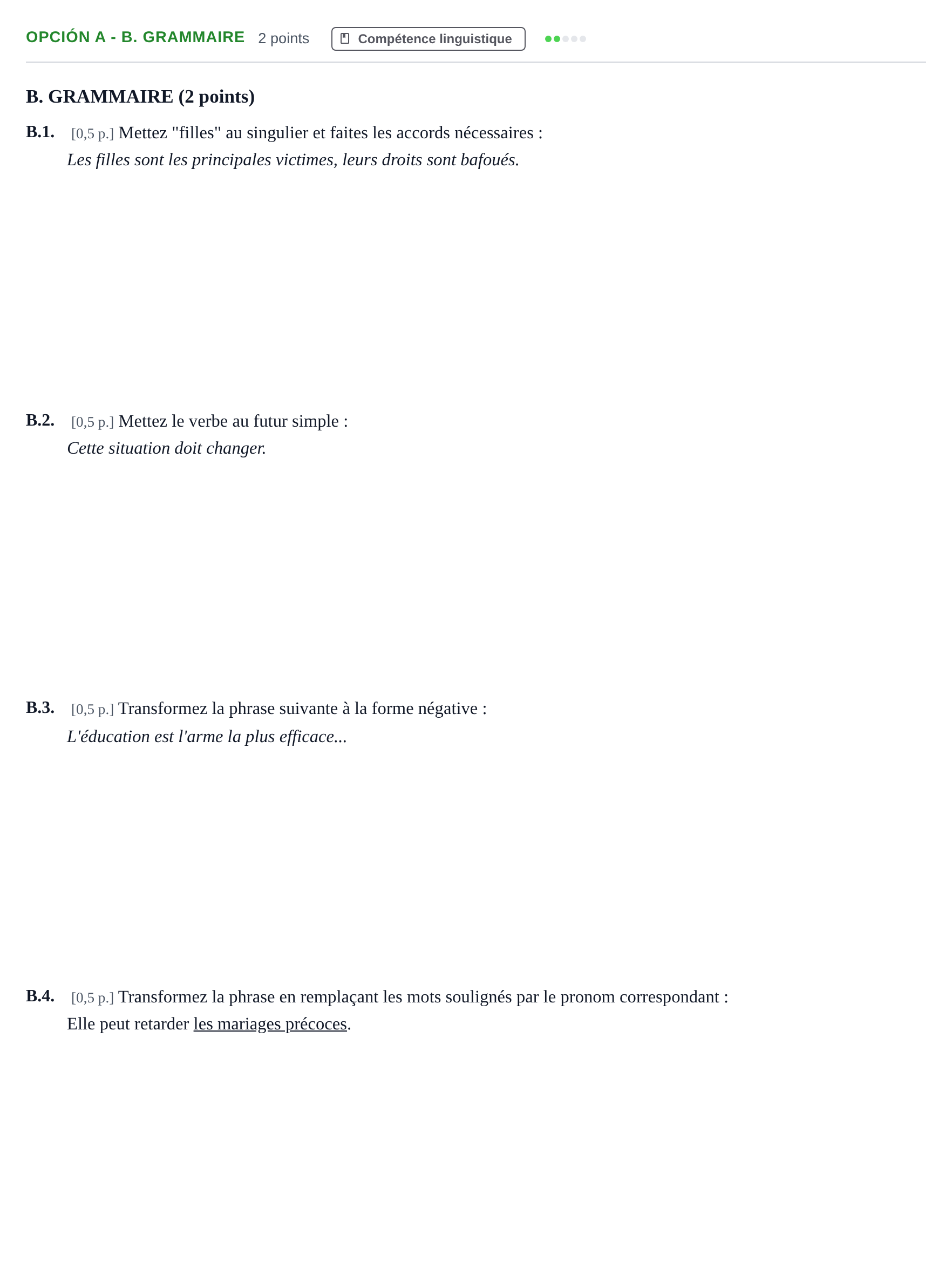 Enunciado: Opción A - B. Grammaire · Francés PAU Andalucía Extraordinaria Titular 2013