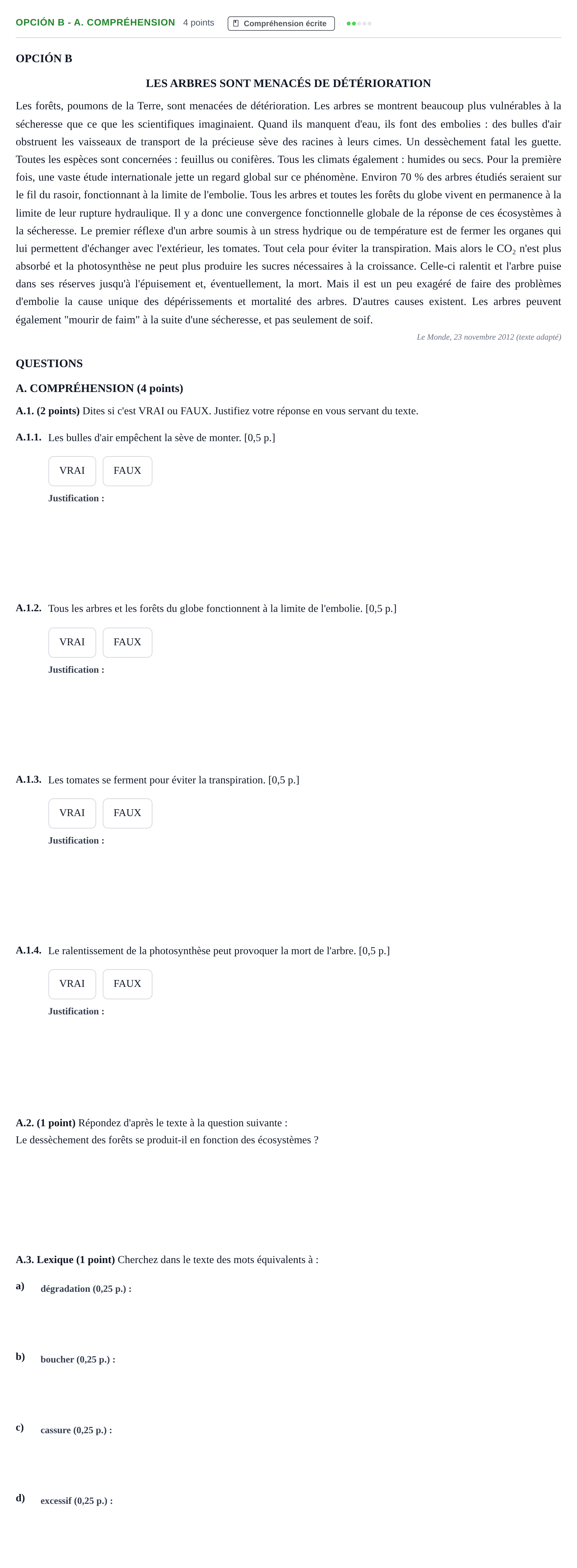 Enunciado: Opción B - A. Compréhension · Francés PAU Andalucía Extraordinaria Titular 2013
